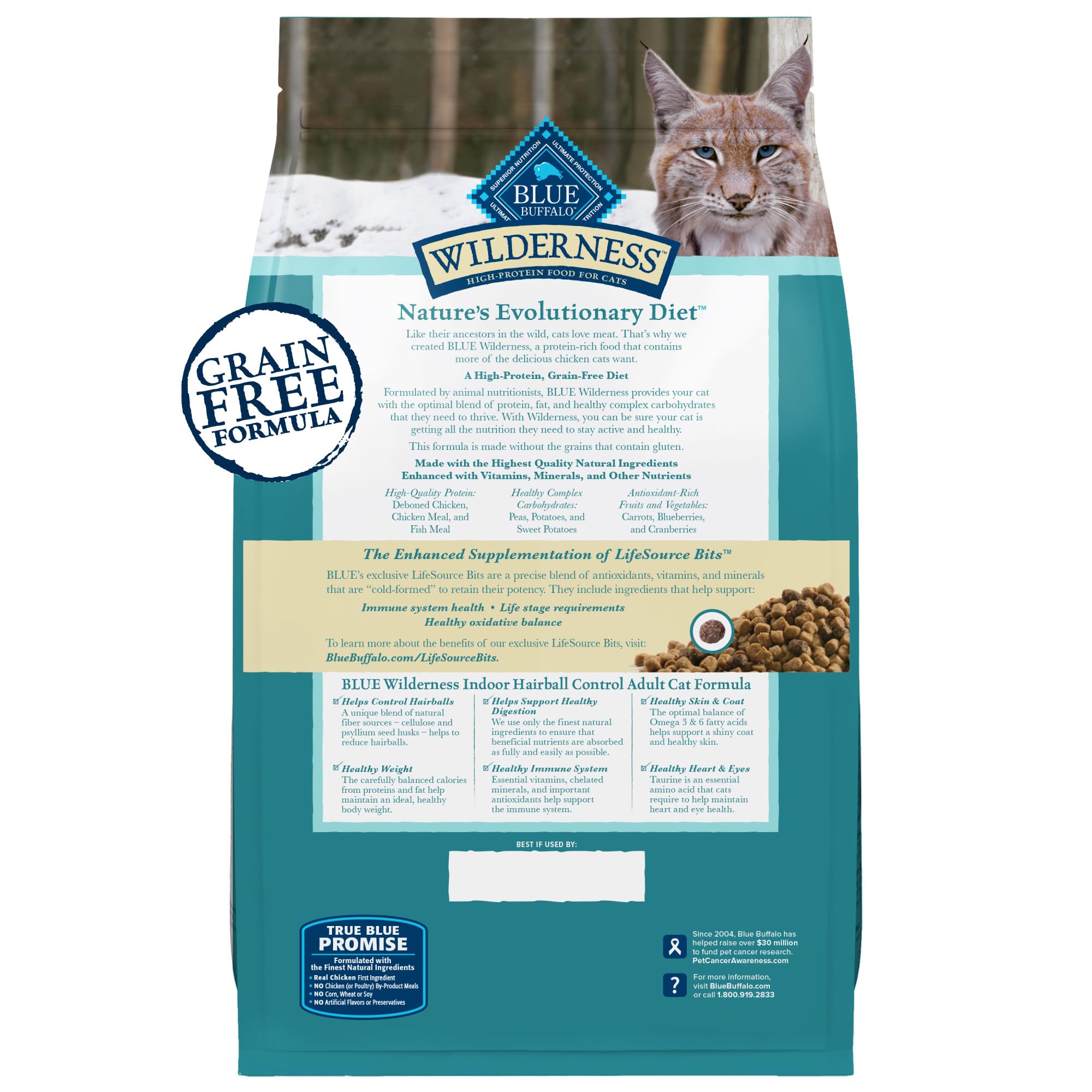 Blue Buffalo Wilderness Natural Hairball Care Dry Cat Food for Indoor Cats, High-Protein & Grain-Free Formula, Chicken, 5-lb. Ba