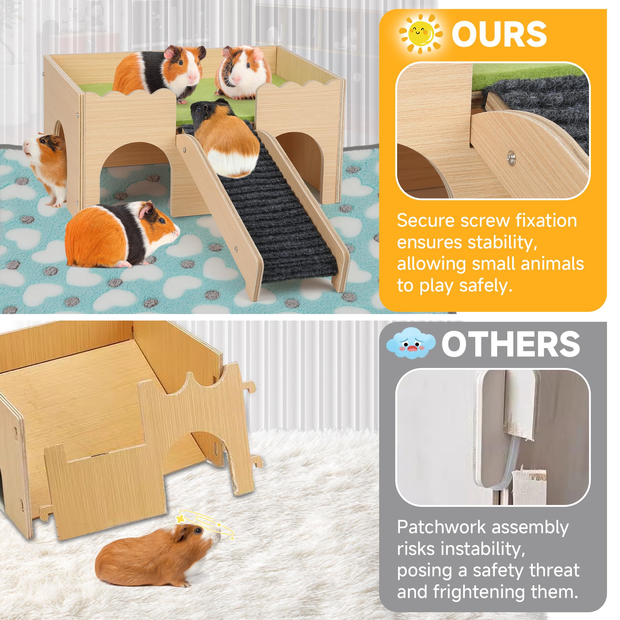 PESNLO Wooden Guinea Pig Castle - 2-Level Detachable Pet House, Green, Ideal for Rabbits, Hamsters & Chinchillas