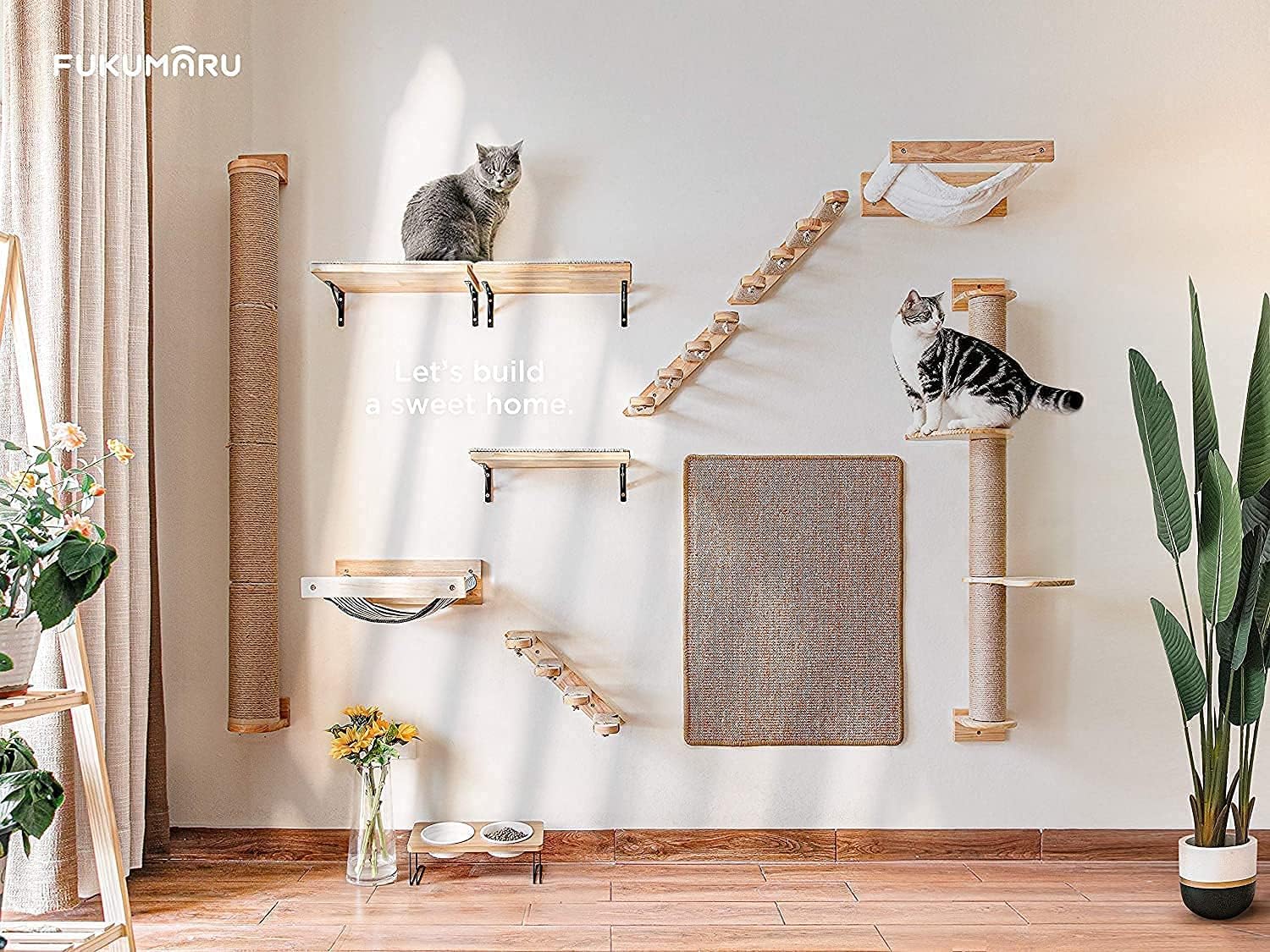 FUKUMARU Cat Activity Tree - Wall-Mounted Jute Scratcher with Pine Hammock, Light Brown, Model 010FU