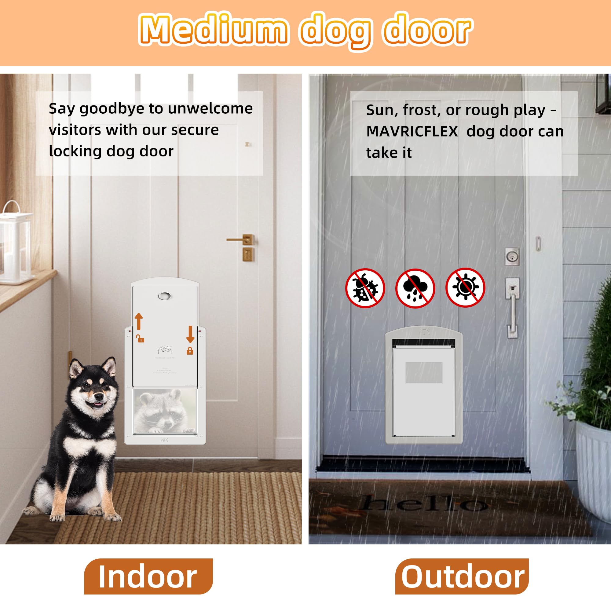 Mavricflex White Frame Dog Doors For Medium Dogs, Plastic Pet Door With Sliding Lock Panel And Magnetic Flap, Doggy Door For Doo