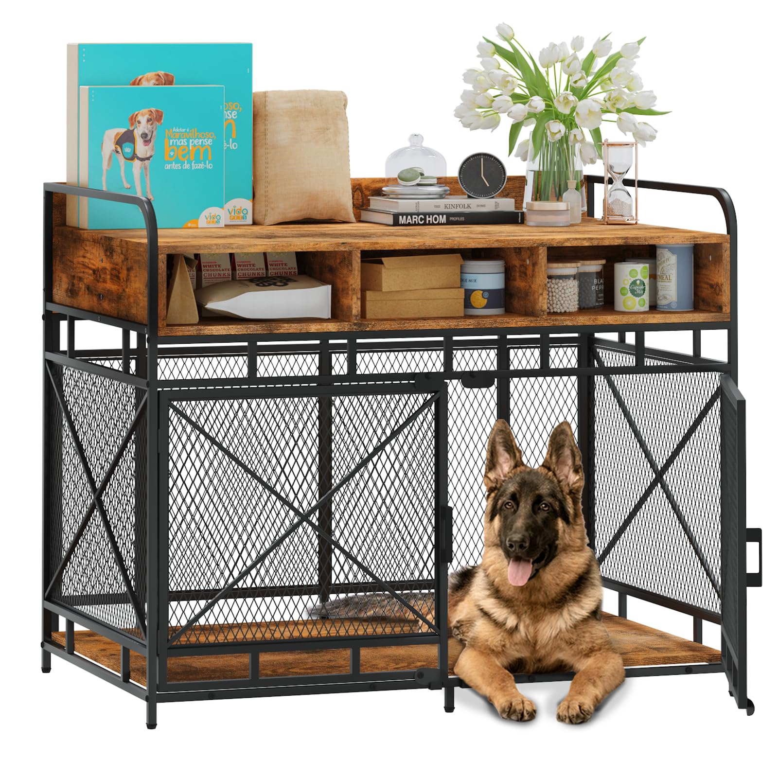 LEMBERI Dog Crate Furniture Large Breed,Wodeen Large Dog Kennel Indoor End Table,Heavy Duty Dog Crate,Decorative Pet Crate Dog C