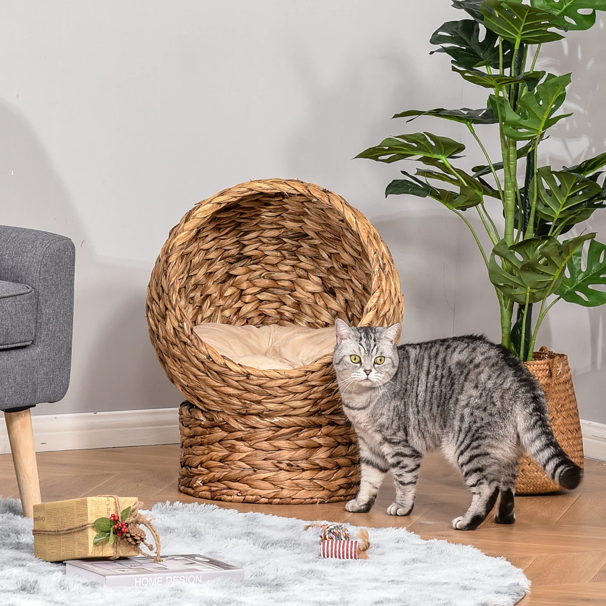 Pawhut Woven Banana Leaf Elevated Cat Bed House Basket Soft Cushion Dome Basket 50 X 42 X 60 Cm Brown