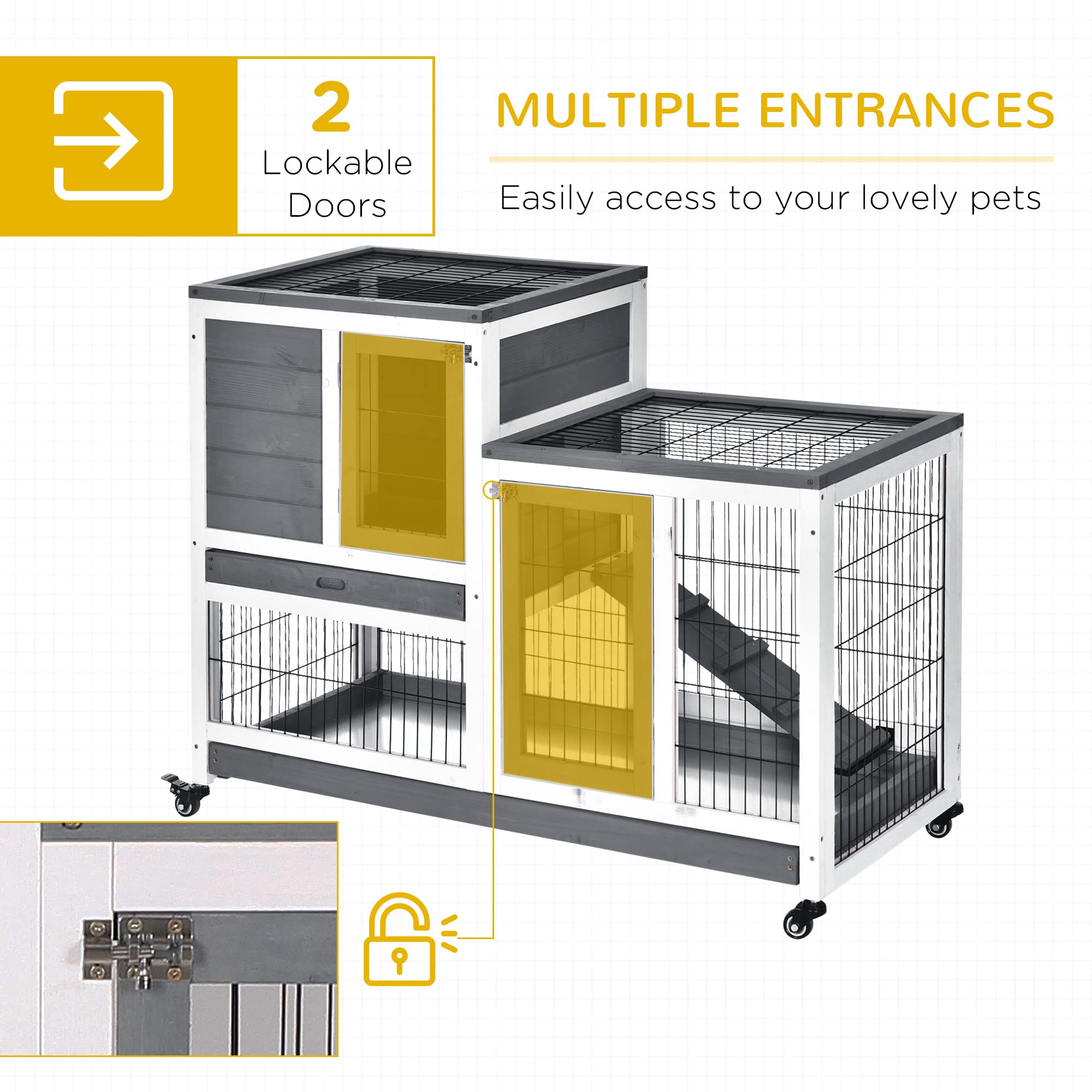 Pawhut Wooden Rabbit Hutch Elevated Bunny Cage Indoor Small Animal Habitat With Enclosed Run With Wheels, Ramp, Removable Tray I