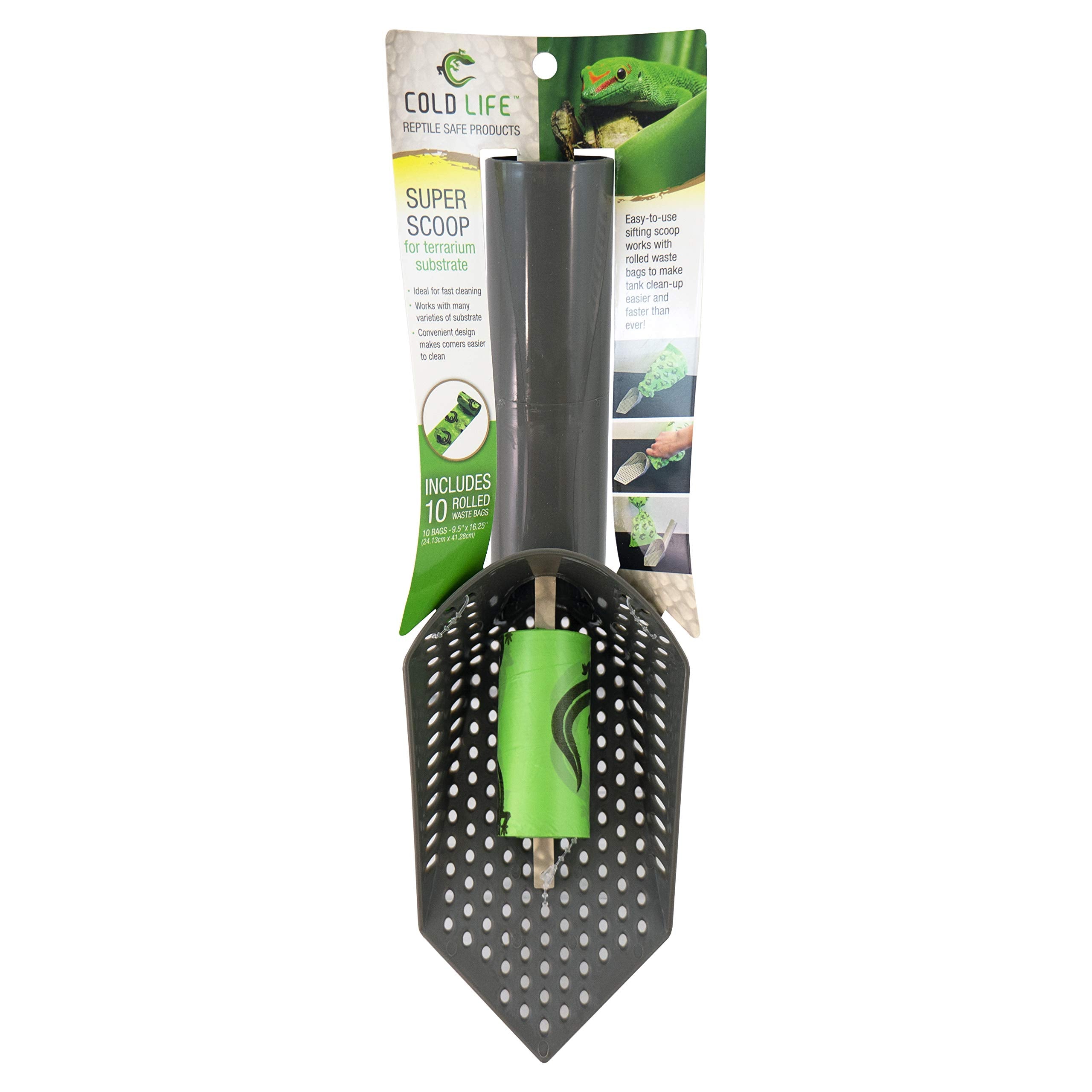 Cold Life Super Scoop Sifter Terrarium Bedding Substrate And Small Pet Cage Cleaner Shovel With 10 Ct Poop Bags