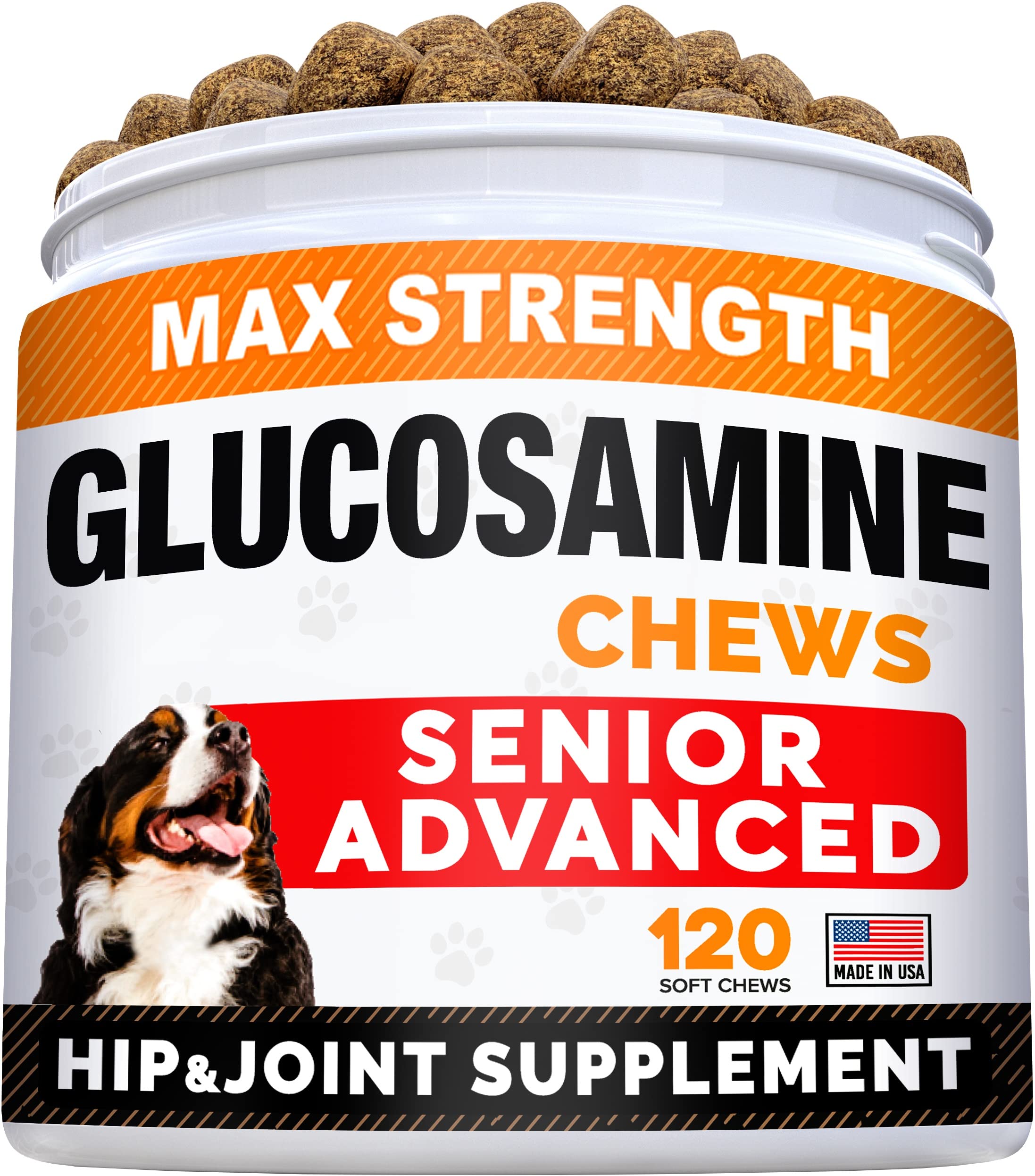 Senior Advanced Glucosamine Joint Supplement for Dogs - Hip & Joint Pain Relief - Small + Large Breeds -Omega-3 Fish Oil - Chond