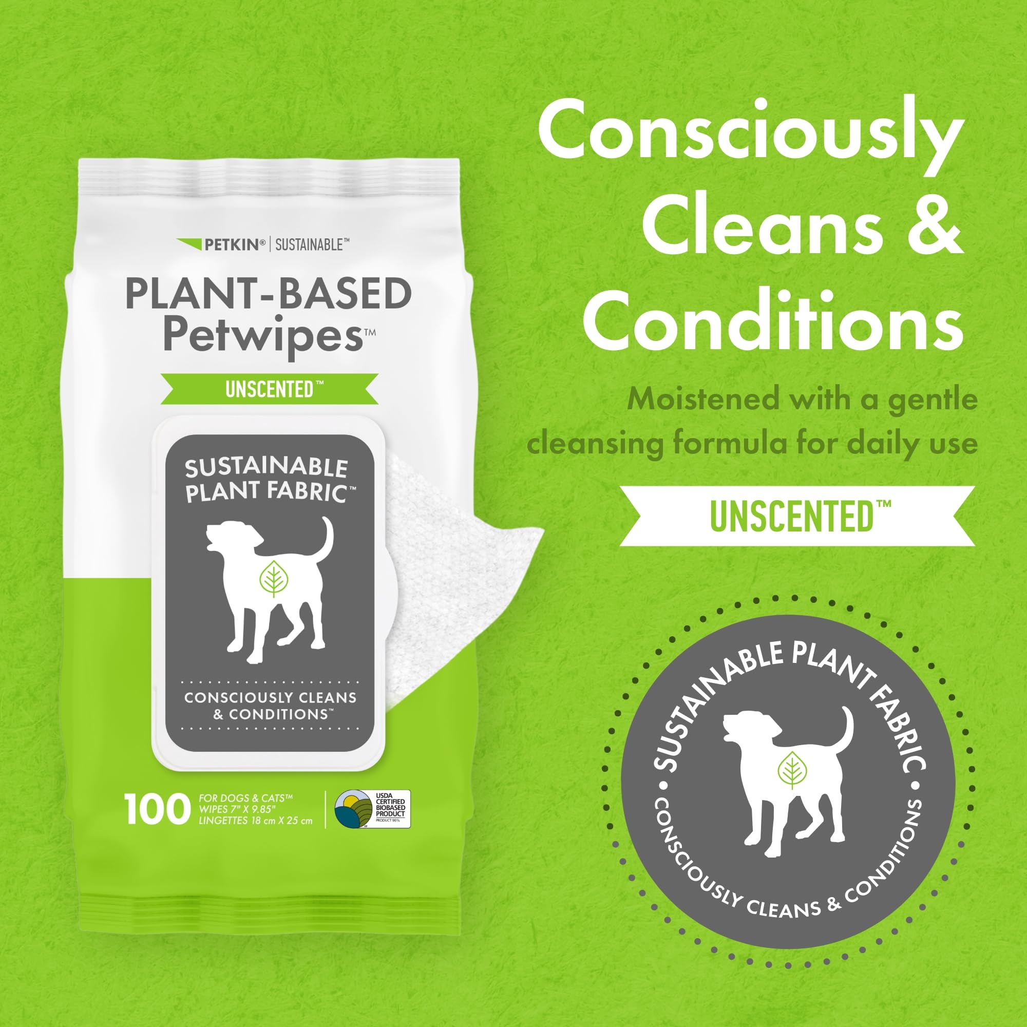 Petkin Plant-Based Pet Wipes, 100 Count (Pack of 4) - Biobased, Thick & Unscented for Dogs & Cats, Ideal for Face, Paws, Ears