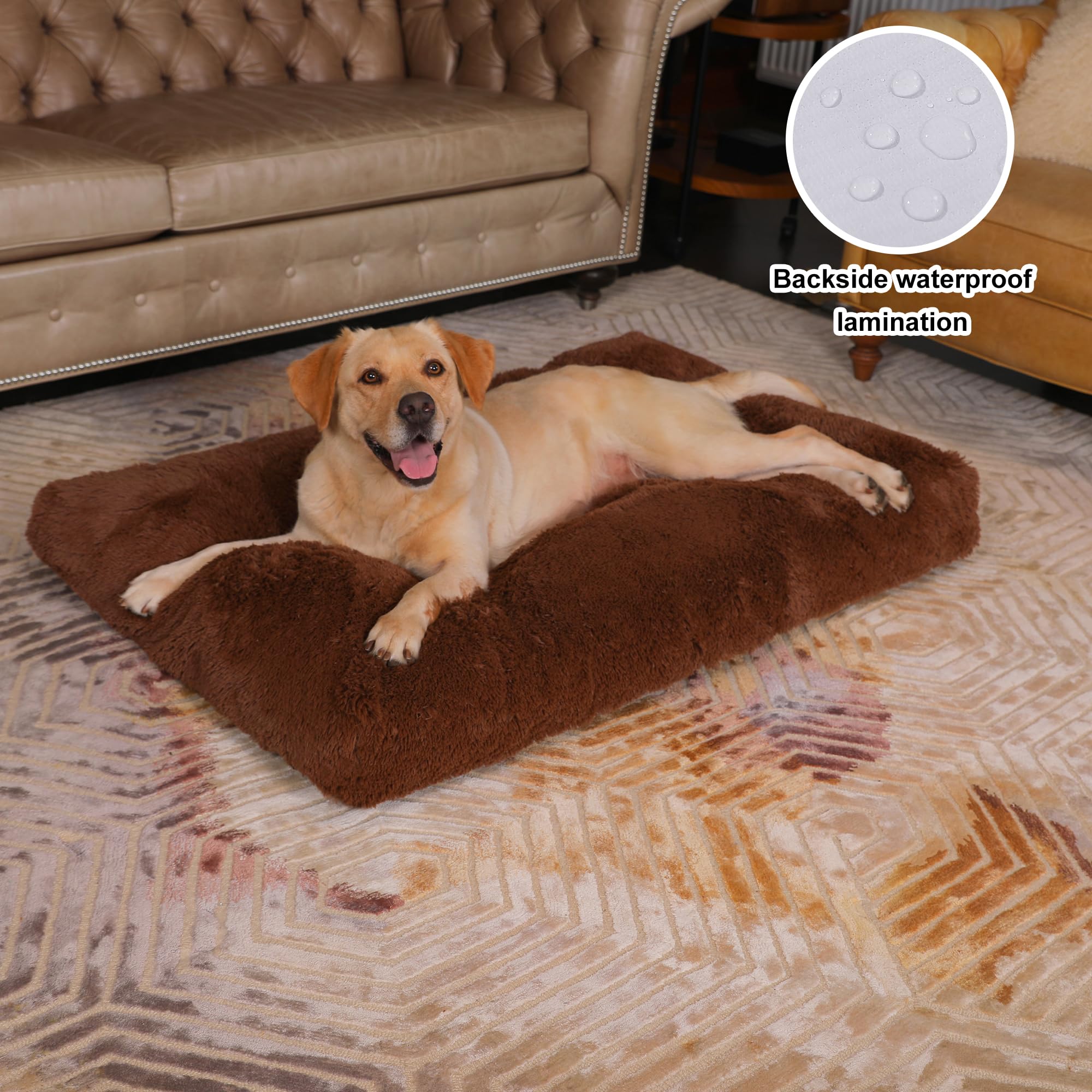 Bedfolks Waterproof Crate Pad, Plush Faux Fur Kennel Bed For Extra Large Dogs, Removable Cover, Fluffy Washable 41''X27'', Solid