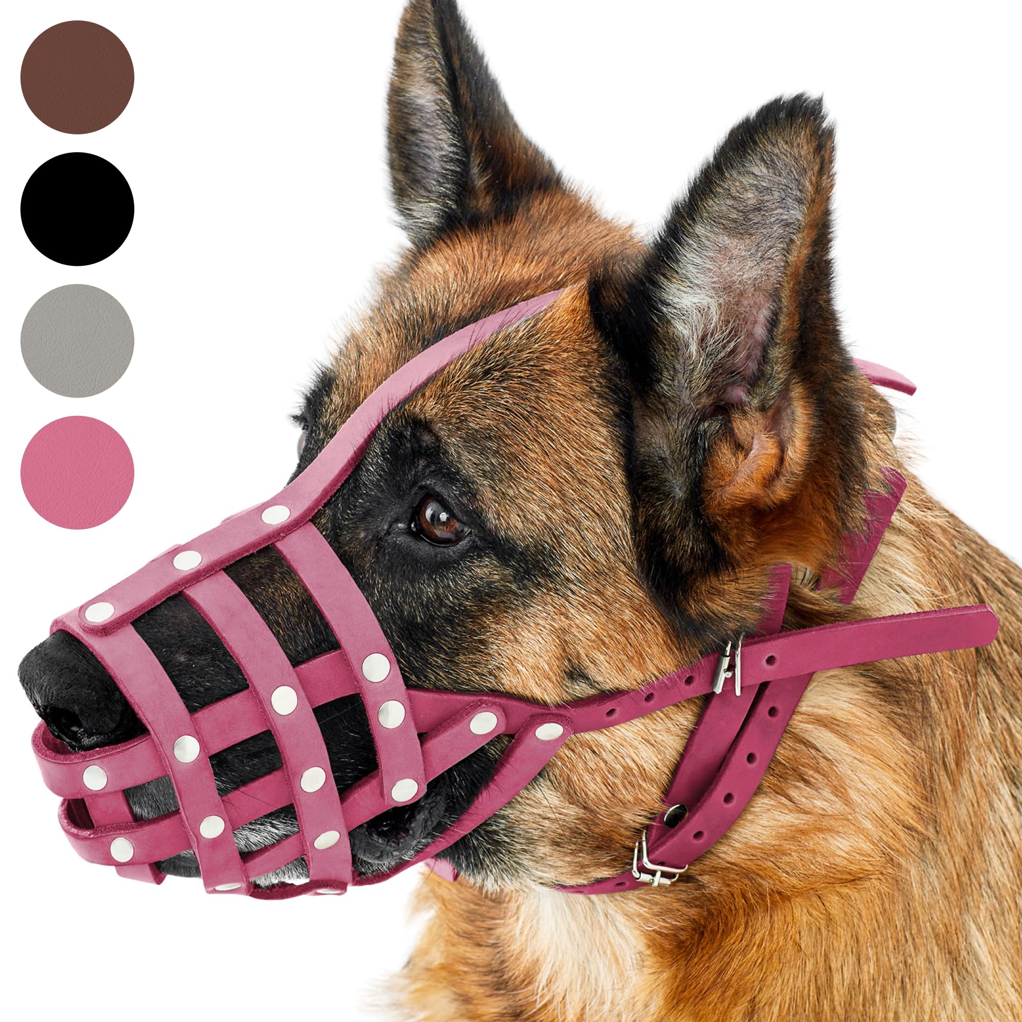 CollarDirect Dog Muzzle German Shepherd Dalmatian Doberman Setter Leather Basket Medium Large Breeds (Pink, Large)