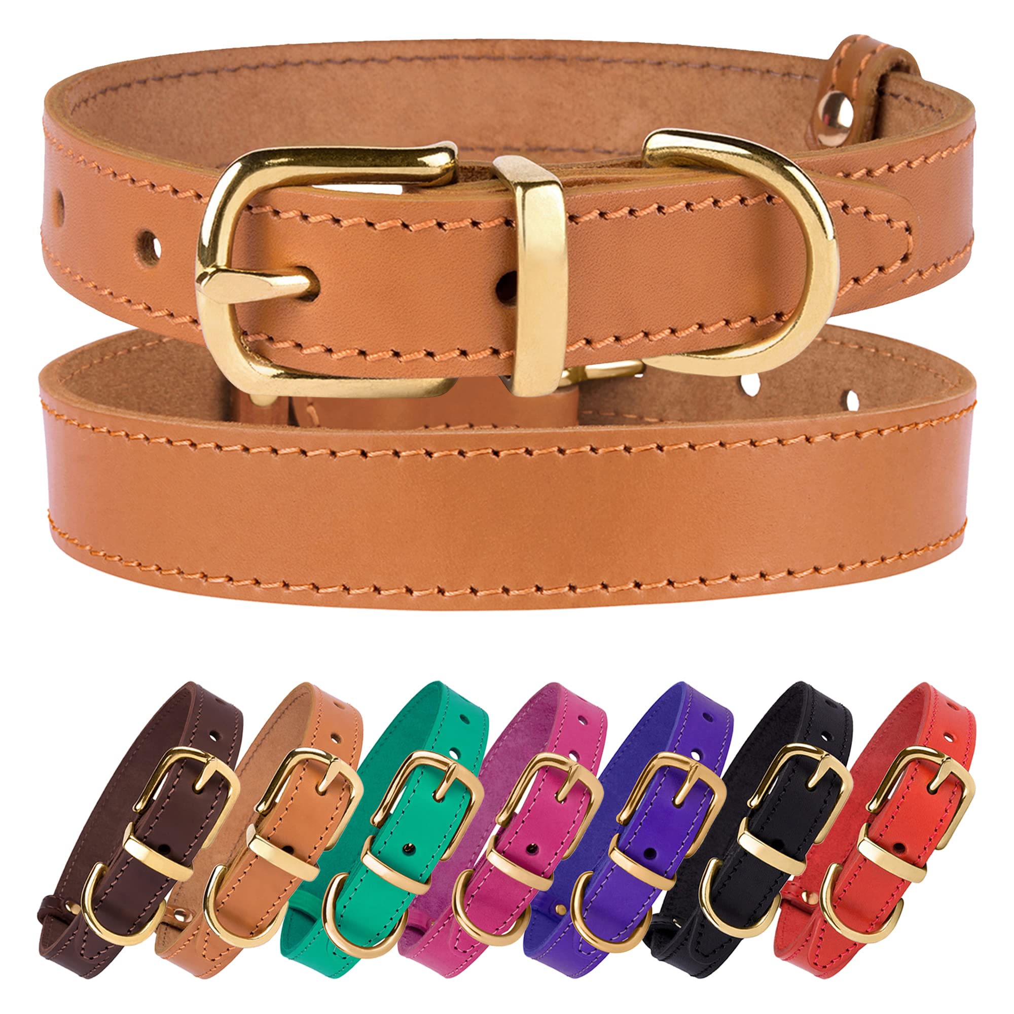 Bronzedog Leather Dog Collar With Metal Buckle Durable Basic Pet Collars For Small Medium Large Dogs (11-13 Inch (Pack Of 1), Light Brown & Gold Buckle)