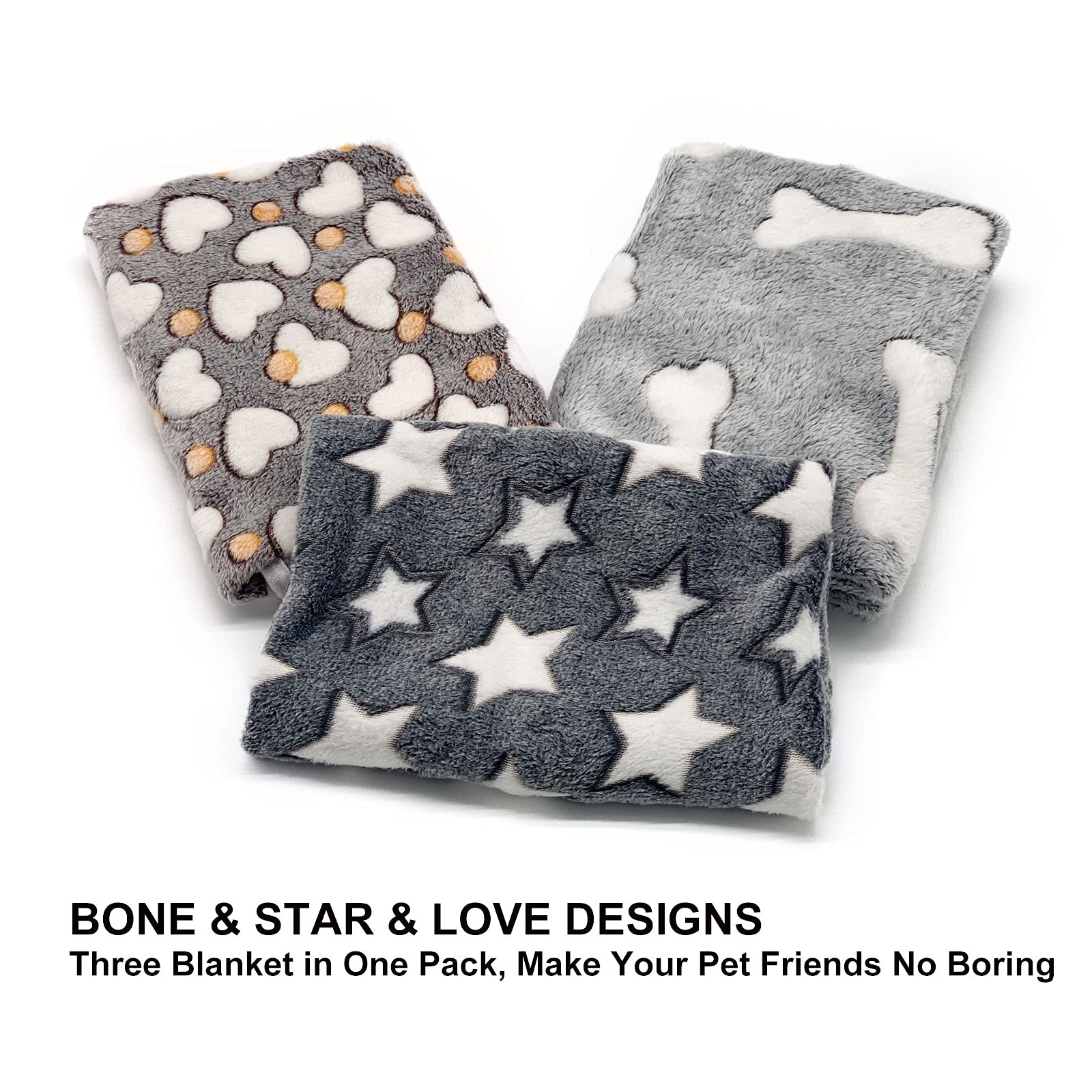 1 Pack 3 Puppy Blankets Super Soft Warm Sleep Mat Grey Cute Print Blanket Fluffy Fleece Pet Blanket Flannel Throw Dog Blankets For Small Dogs Puppy Dogs Fluffy Cats,Star&Bone&Love-Large(40'X30')