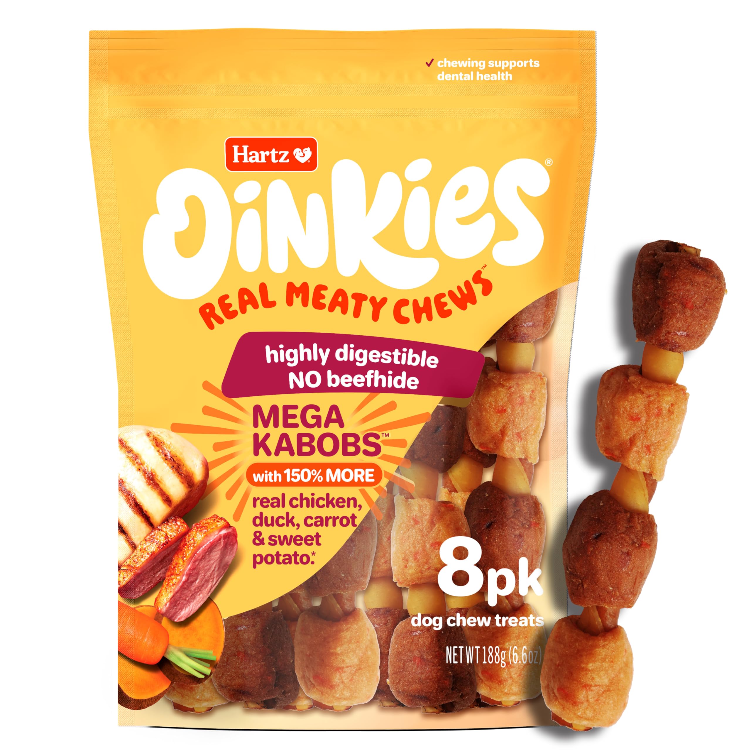 Hartz Oinkies Mega Kabobs with 100% Real Chicken Breast, Duck, Carrot & Sweet Potato Flavorful Beefhide-Free Natural Dog Treats,