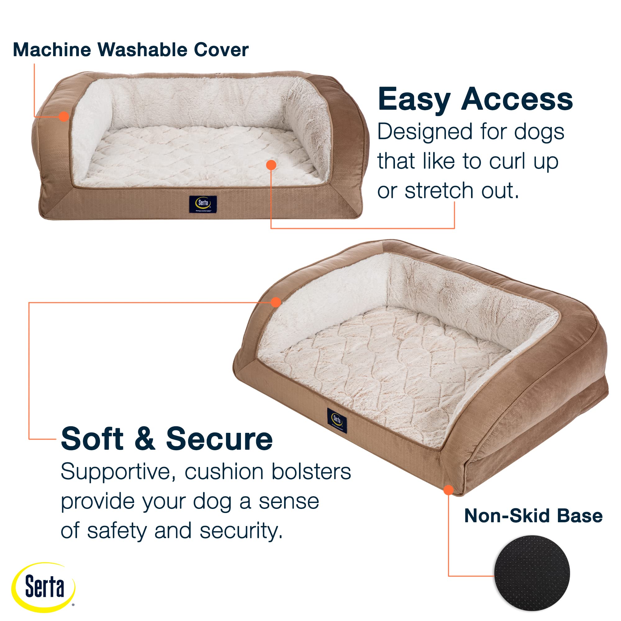 Serta Orthopedic Quilted Dog Bed - Foam, X-Large, 46"L x 34"W, Desert Sand