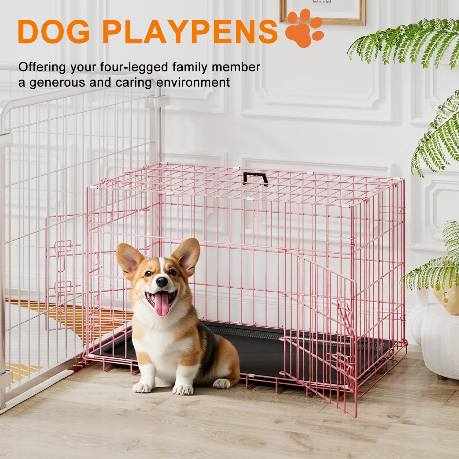 FDW Dog Crate - 30" Metal Folding Cage with Plastic Tray for Small/Medium Dogs, Pink