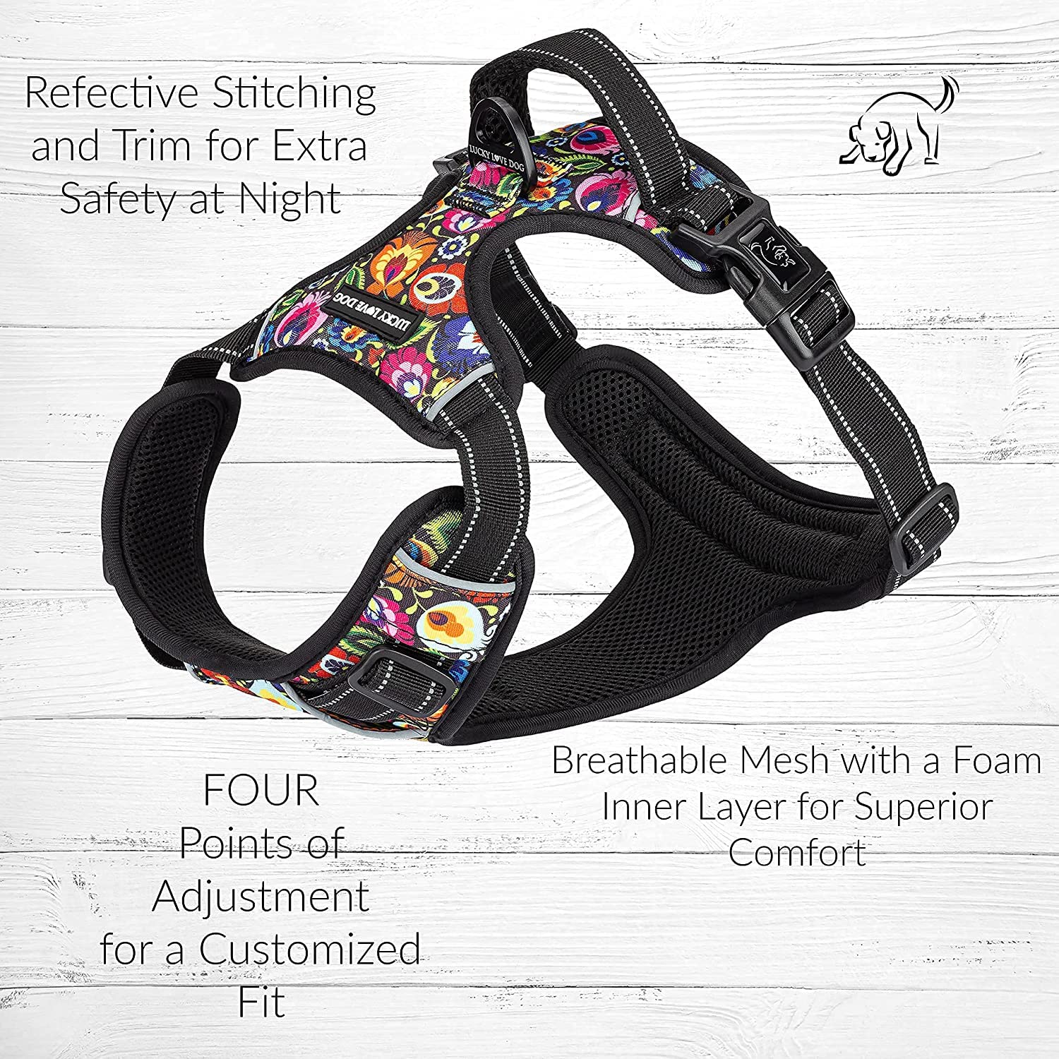 Lucky Love Dog No Pull Harness, Adjustable Floral Design, XS, Blackbird, Nylon