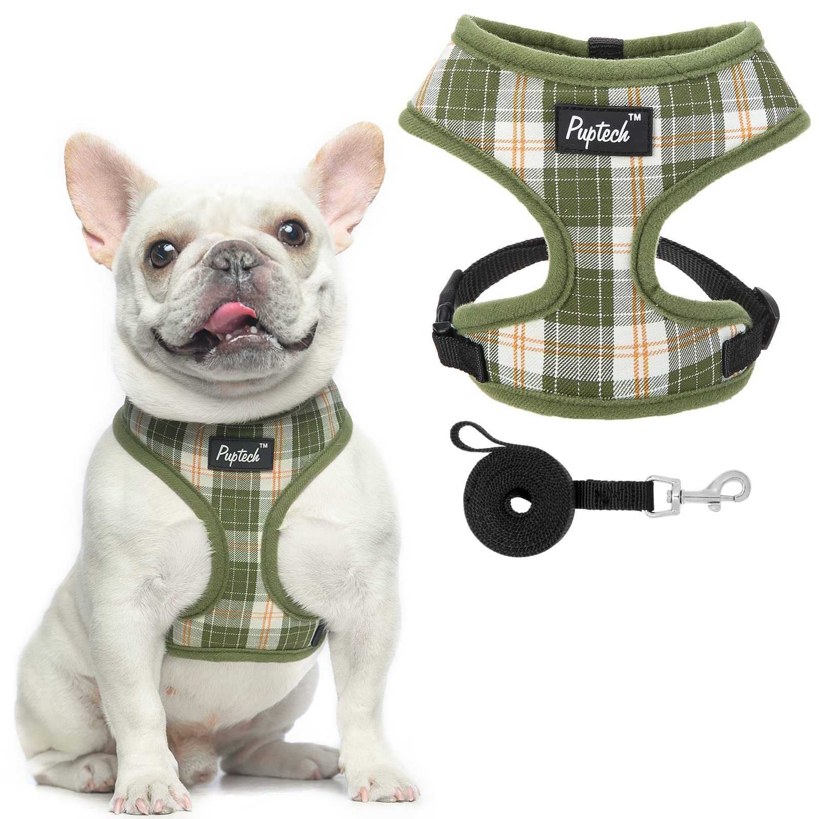 Pupteck Soft Mesh Dog Harness And Leash Set Pet Puppy Cat Comfort Padded Vest No Pull Harnesses, Olive Green, Xs