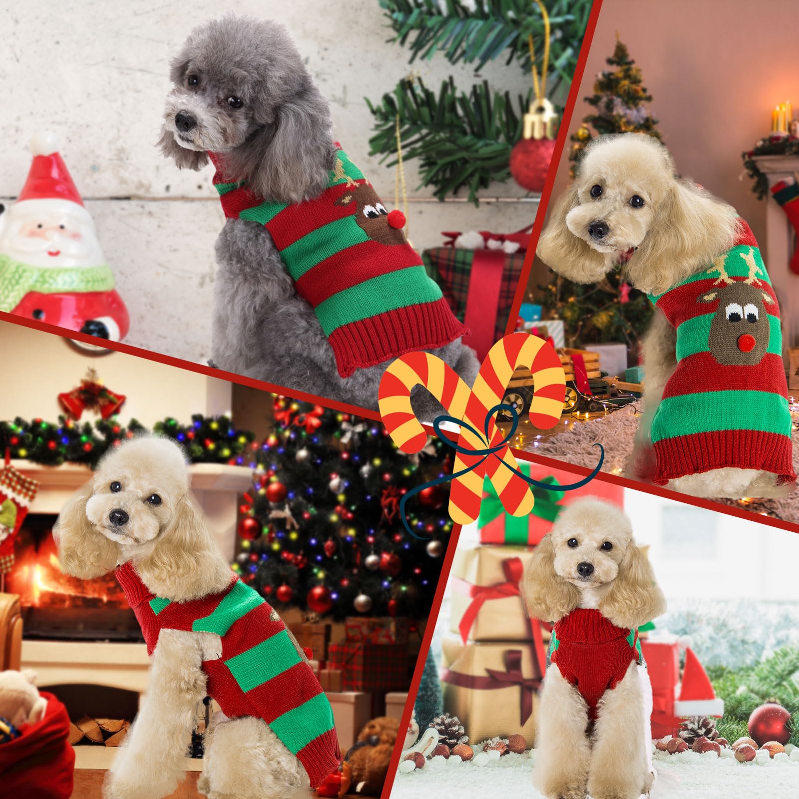 Axiijgl Small Dog Christmas Sweater - Reindeer Clothes For Dachshund, Chihuahua, Frenchie - Striped Soft Cat Sweater