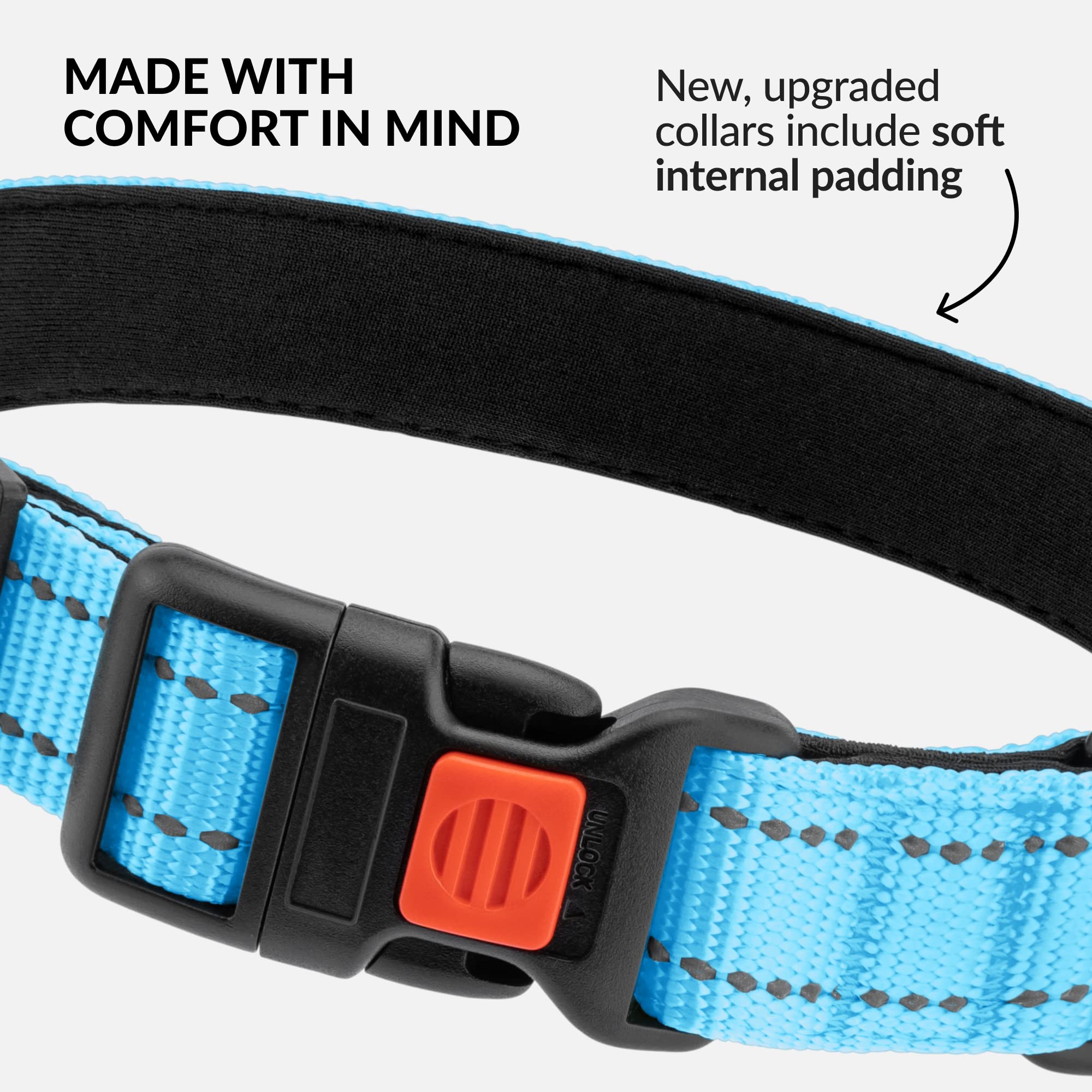 Collardirect Reflective Padded Dog Collar For A Small, Medium, Large Dog Or Puppy With A Quick Release Buckle - Boy And Girl - Nylon Suitable For Swimming (18-26 Inch, Light Blue)