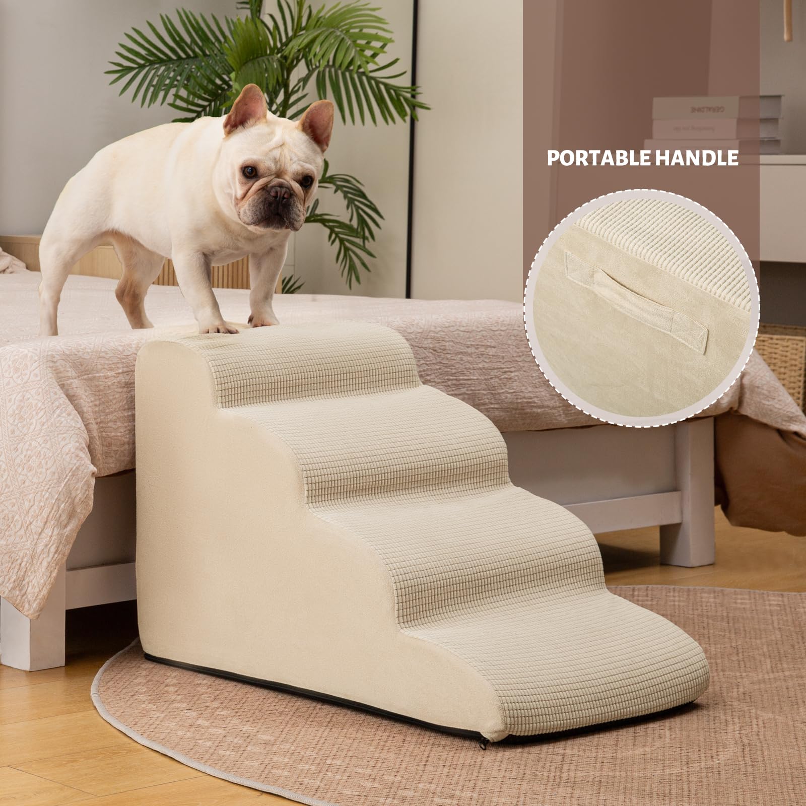 Aodisman 4-Step Dog Stairs and Ramp for Beds or Couches,Non-Slip Sturdy Pet Steps for Small Dogs and Cats,17.4 H,Beige