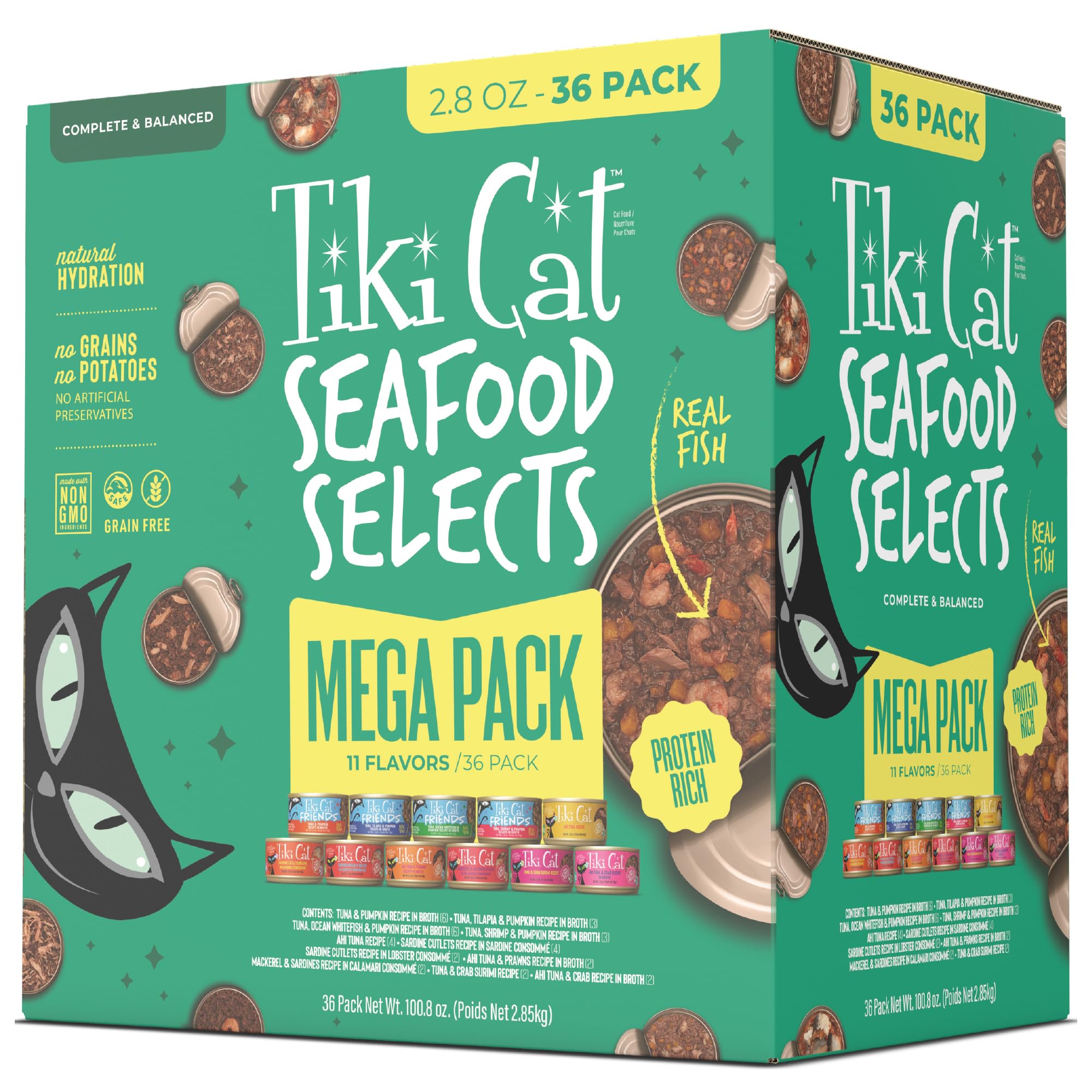Tiki Cat Seafood Selects Variety Pack, High Protein with Real Flaked Fish, Wet Cat Food Mega Pack for Adult Cats, 2.8oz. Can (36