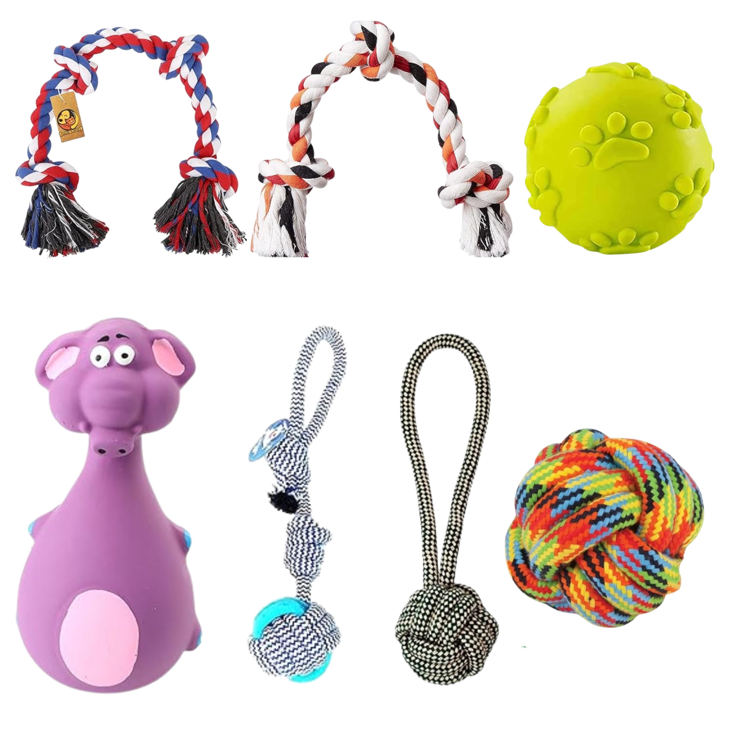 Foodie Puppies 7In1 Combo Of Cotton Rope And Squeaky Dog Toys  (3Knot, 4Knot, Half Round, Cotton Ball, Handle Rope, Purple El