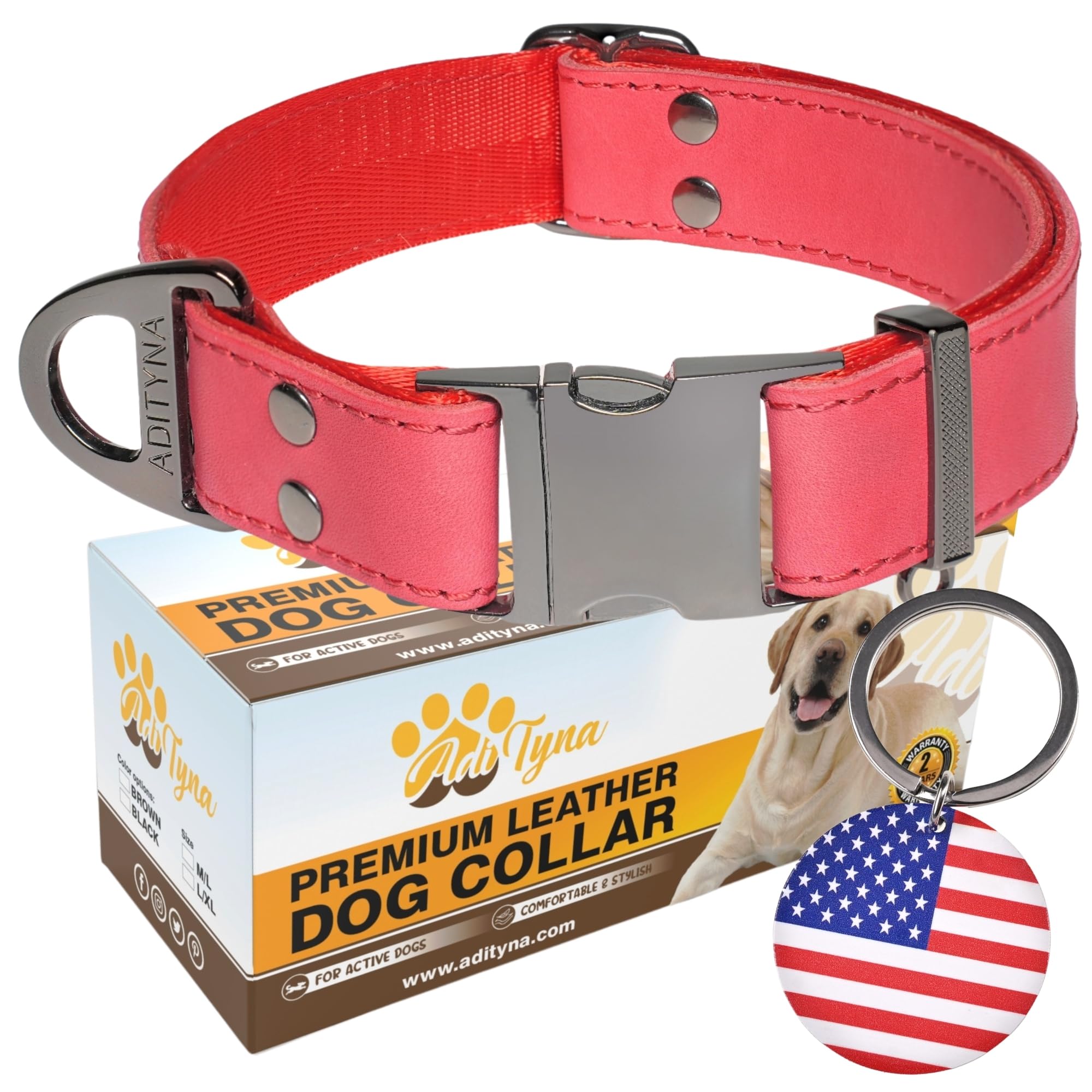 ADITYNA Red Leather Dog Collar with Metal Buckle - Heavy-Duty, Adjustable for Medium & Large Dogs (Red, Fits 15-21'' Necks)