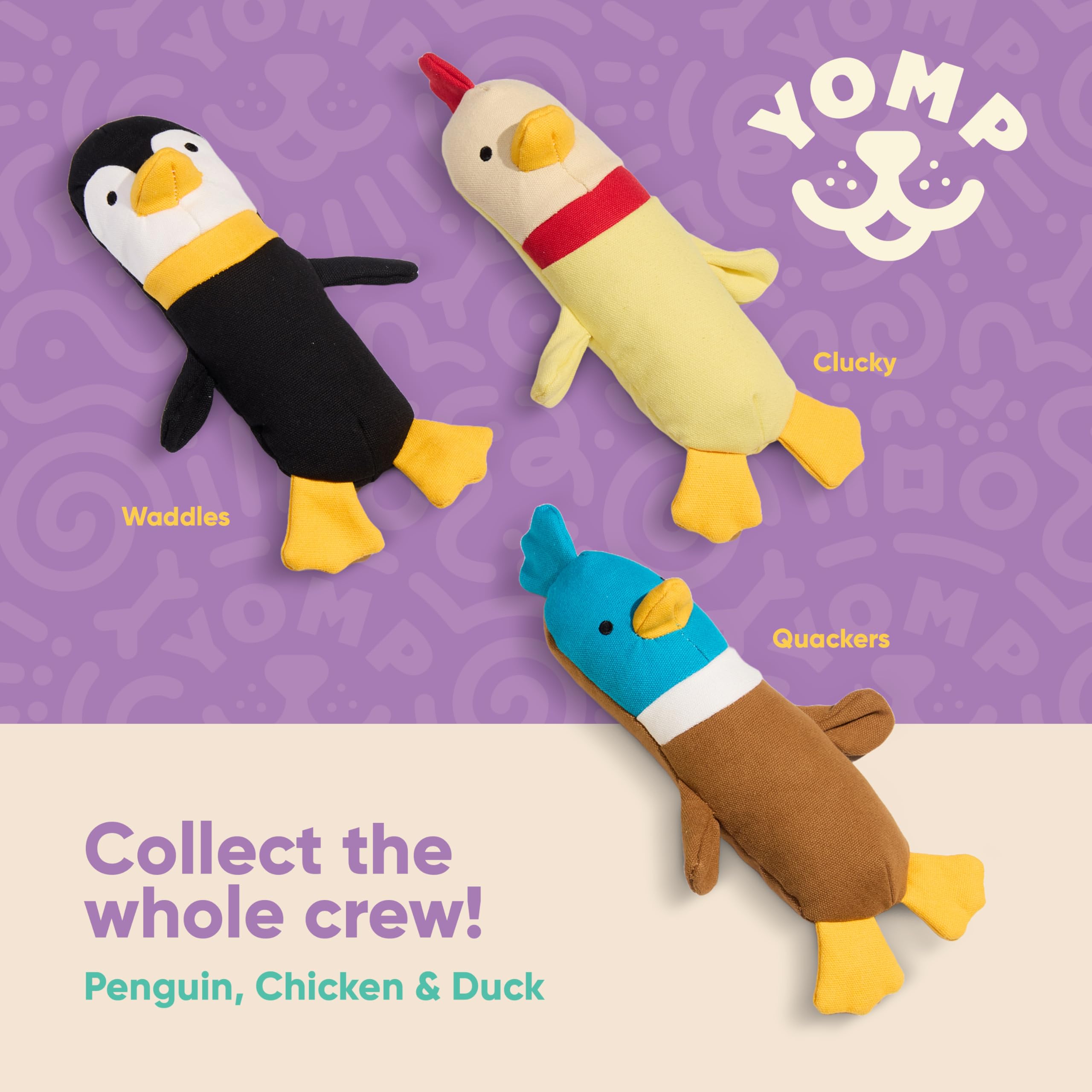 Yomp Penguin Dog Toy - Durable Plush Chew Toy With Natural Canvas And Crinkle Paper - Interactive Stuffed Animal For Dogs (Waddl