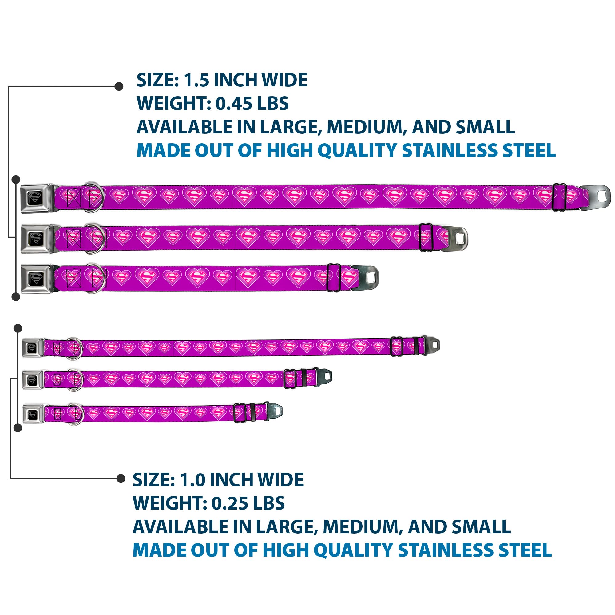 Buckle-Down Seatbelt Buckle Dog Collar - Superman Logo In Heart Purple/White/Pink - 1' Wide - Fits 11-17' Neck - Medium