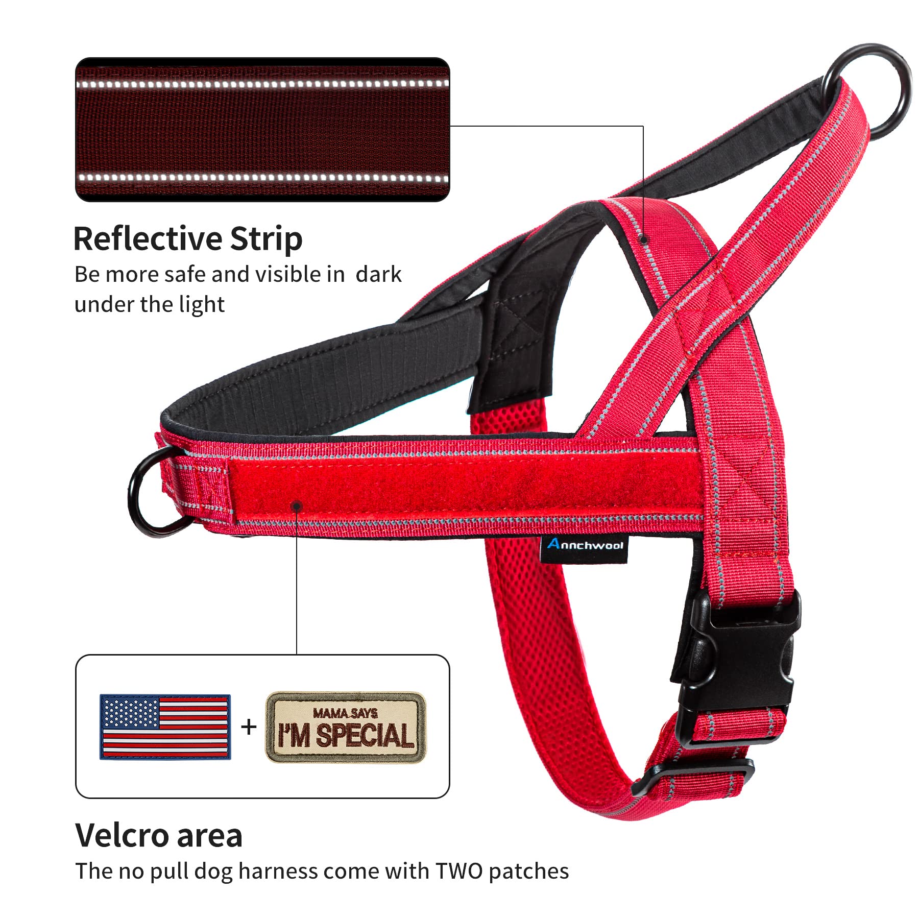 Annchwool No Pull Dog Harness with Soft Padded Handle,Reflective Strip Escape Proof and Quick Fit to Adjust Dog Harness,Easy for