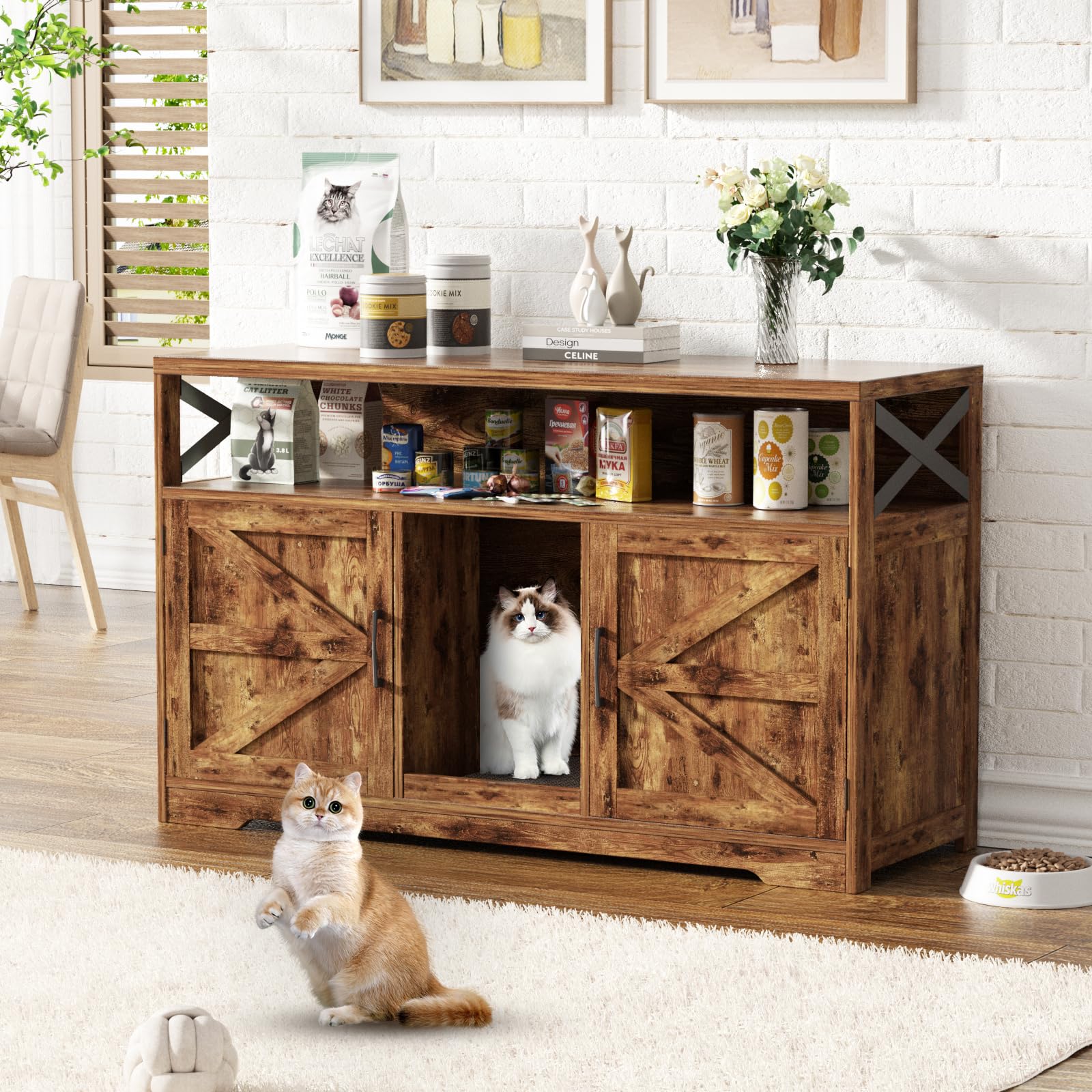 Halitaa Cat Litter Box Enclosure for 2 Cats, 47  Double Hidden Litter Box Furniture with Scratch Pad, Farmhouse Indoor Litter Bo