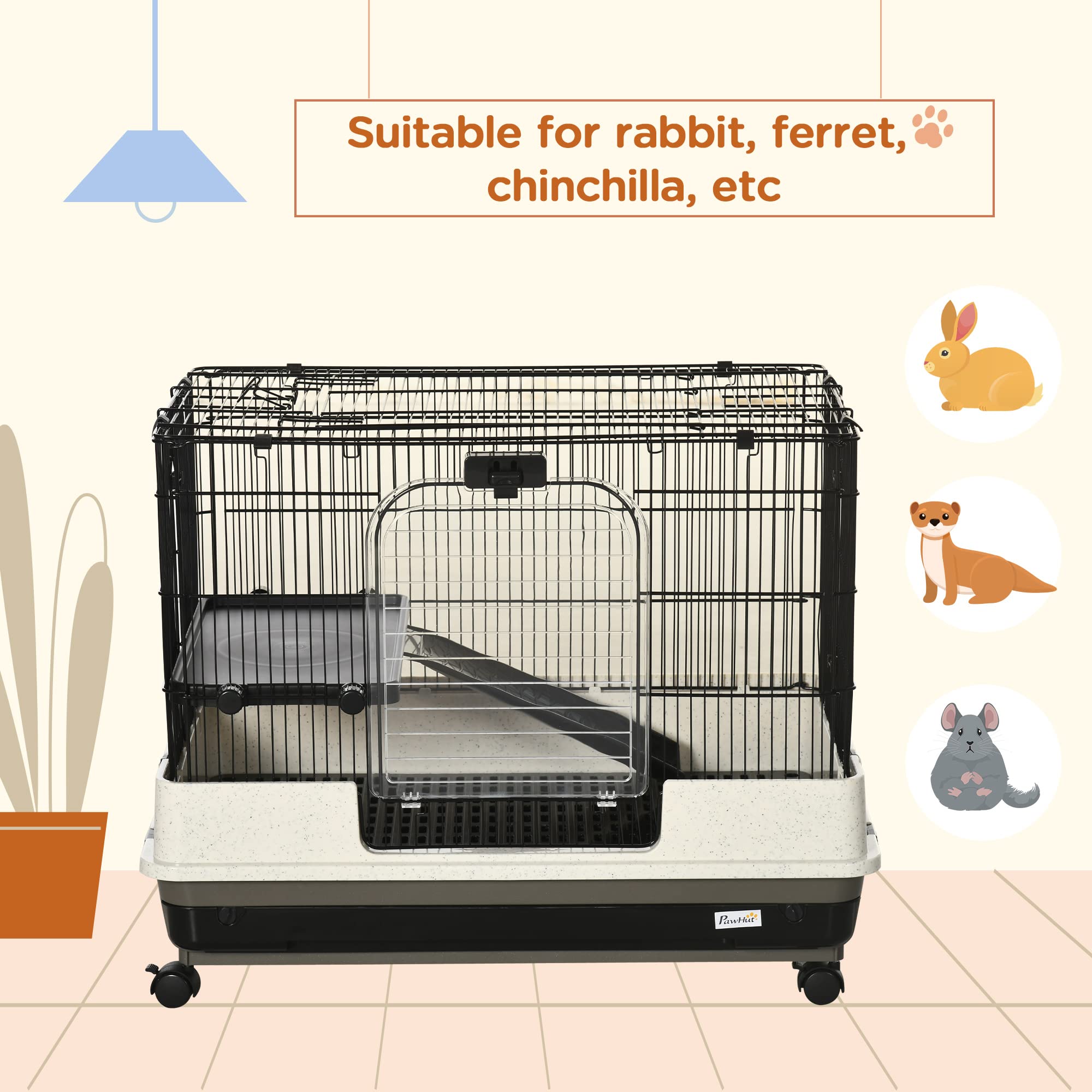 Pawhut 26' Small Animal Cage With Wheels, 2-Level Portable Bunny Cage, Chinchilla Ferret Cage With Removable Tray, Platform And Ramp