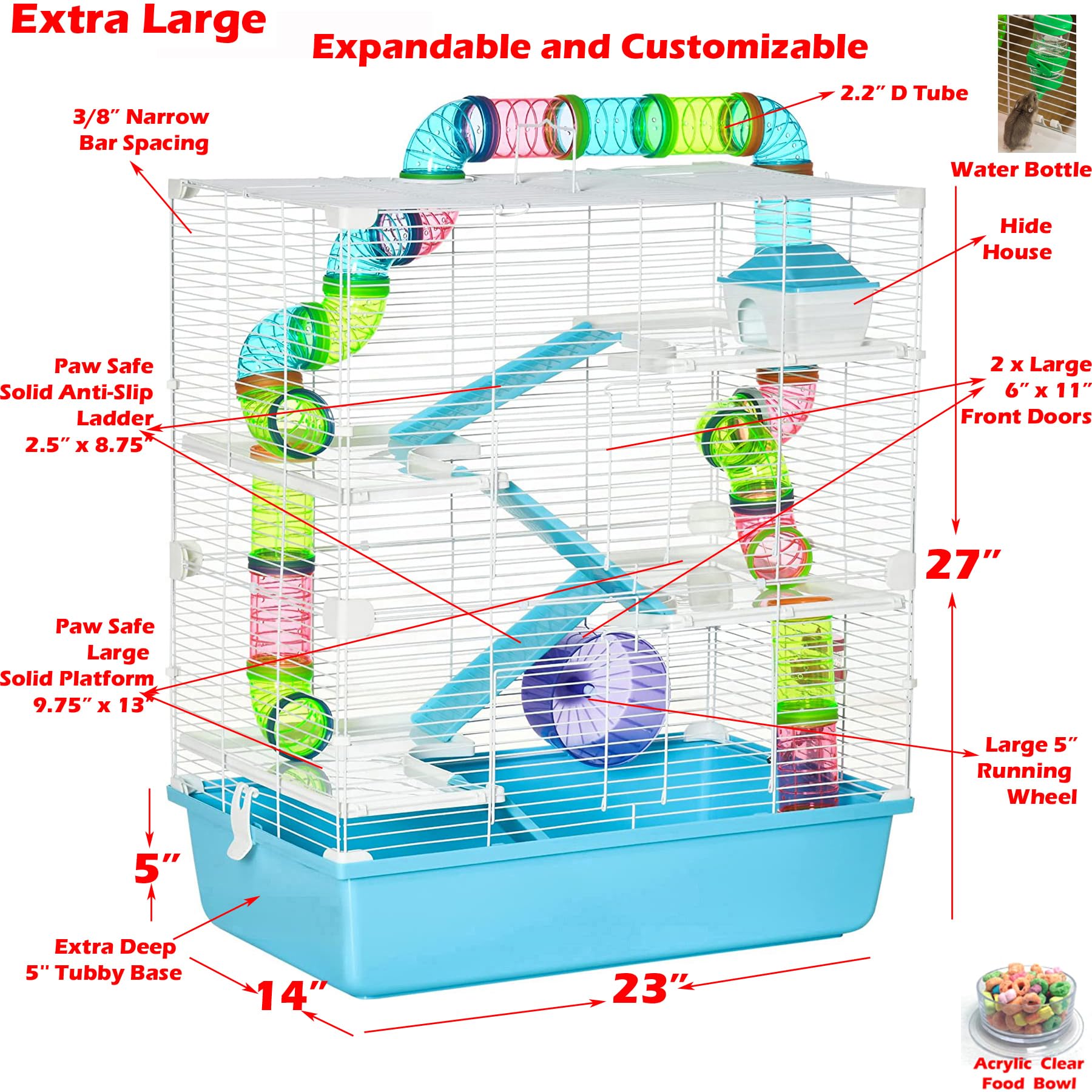 Extra Large 23'' Multi-Floors Hamster Mansion Mouse Habitat Gerbil Home Rat House Small Animal Critter Expandable And Customizab