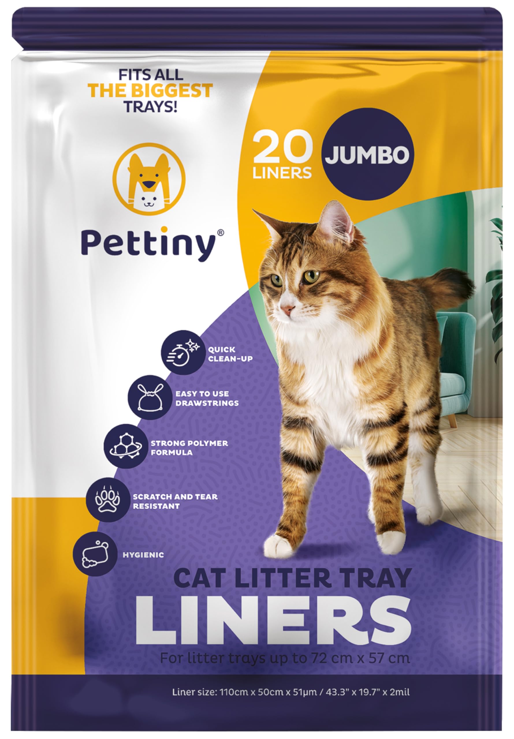Pettiny 20 Jumbo Litter Box Liners With Drawstrings - Scratch Resistant Cat Litter Bags For The Biggest Litter Pan