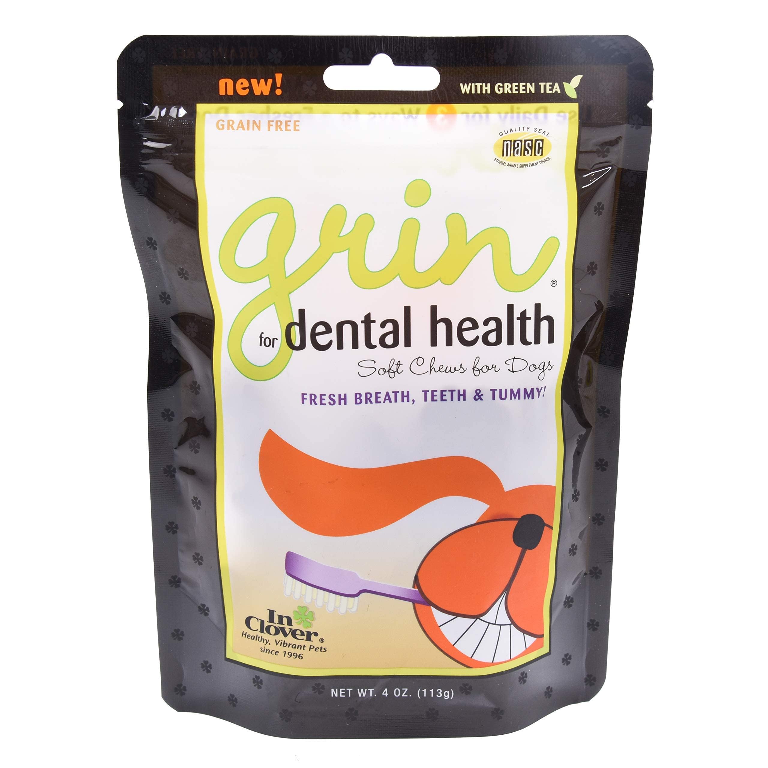 In Clover Grin Daily Dental Care Chews for Dogs, Grain Free Formula for Clean Teeth and Fresh Breath, Scientifically Formulated,