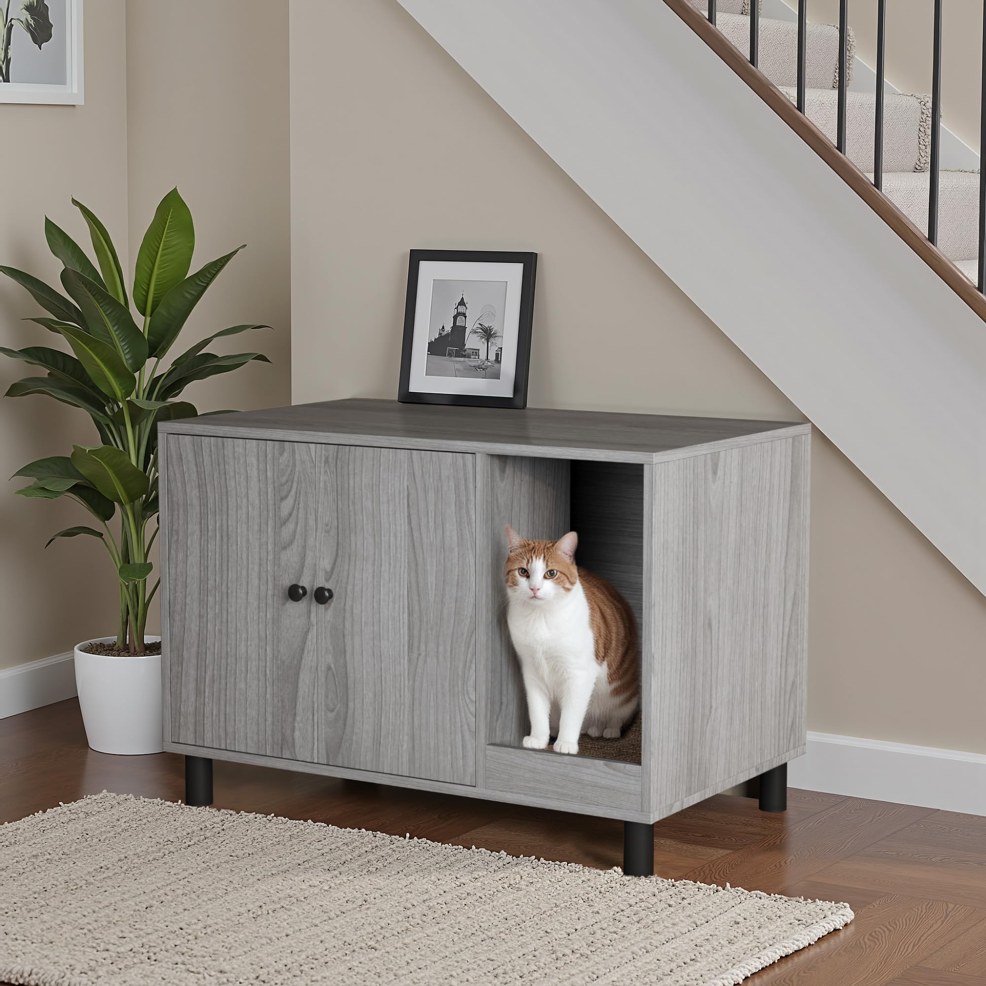 Warcat Cat Litter Box Enclosure, Modern Hidden Litter Box Enclosure Furniture, Hidden Washroom With Scratch Pad, Barn Door Desig