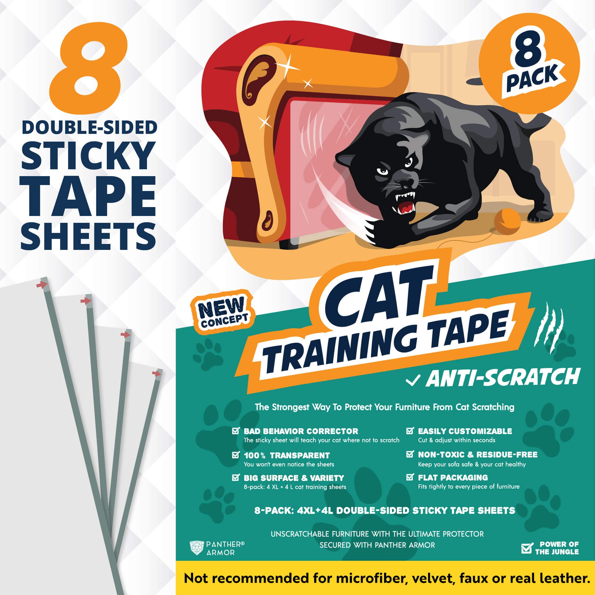 Panther Armor Cat Scratch Deterrent Tape - 8-Pack Double Sided Sofa Anti Scratching Sticky Tape - 4-Pack Xl + 4-Pack L Couch Corner Furniture Protector From Cats