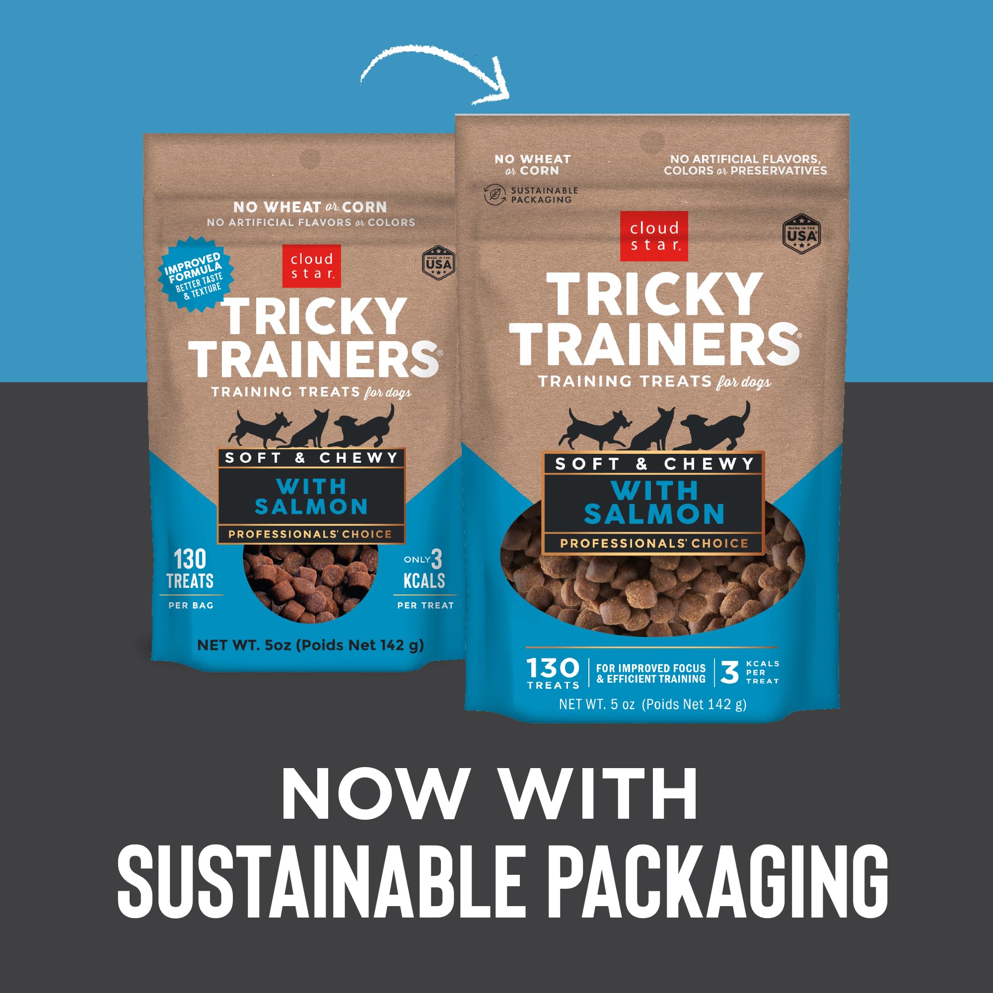 Cloud Star Tricky Trainers Soft & Chewy Dog Training Treats 5 oz Pouch, Salmon Flavor, Low Calorie Behavior Aid with 130 treats