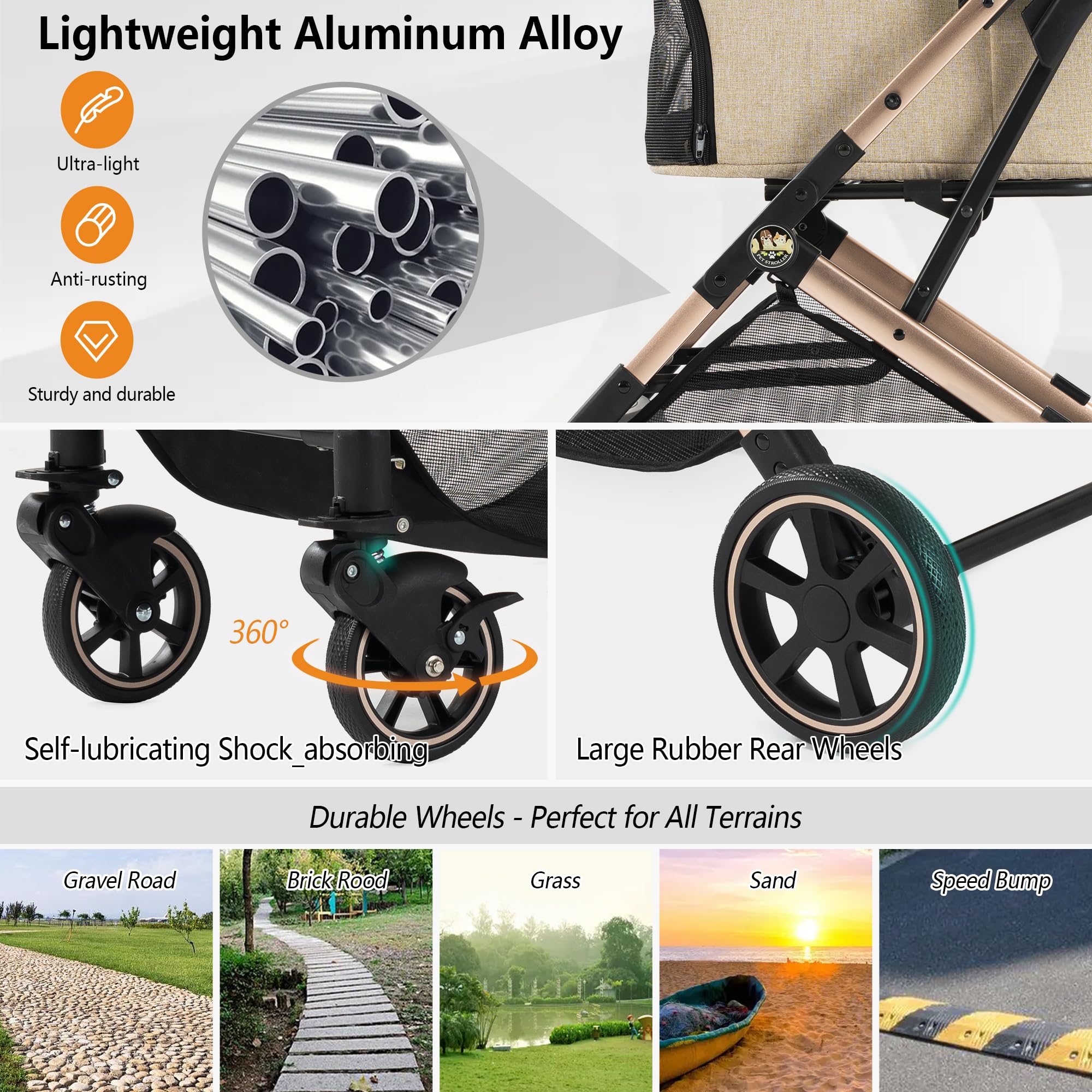 Kenyone 3-In-1 Pet Stroller For Small Medium Dogs Puppy Cat Stroller With Detachable Carrier & Pad Lightweight Foldable Aluminum