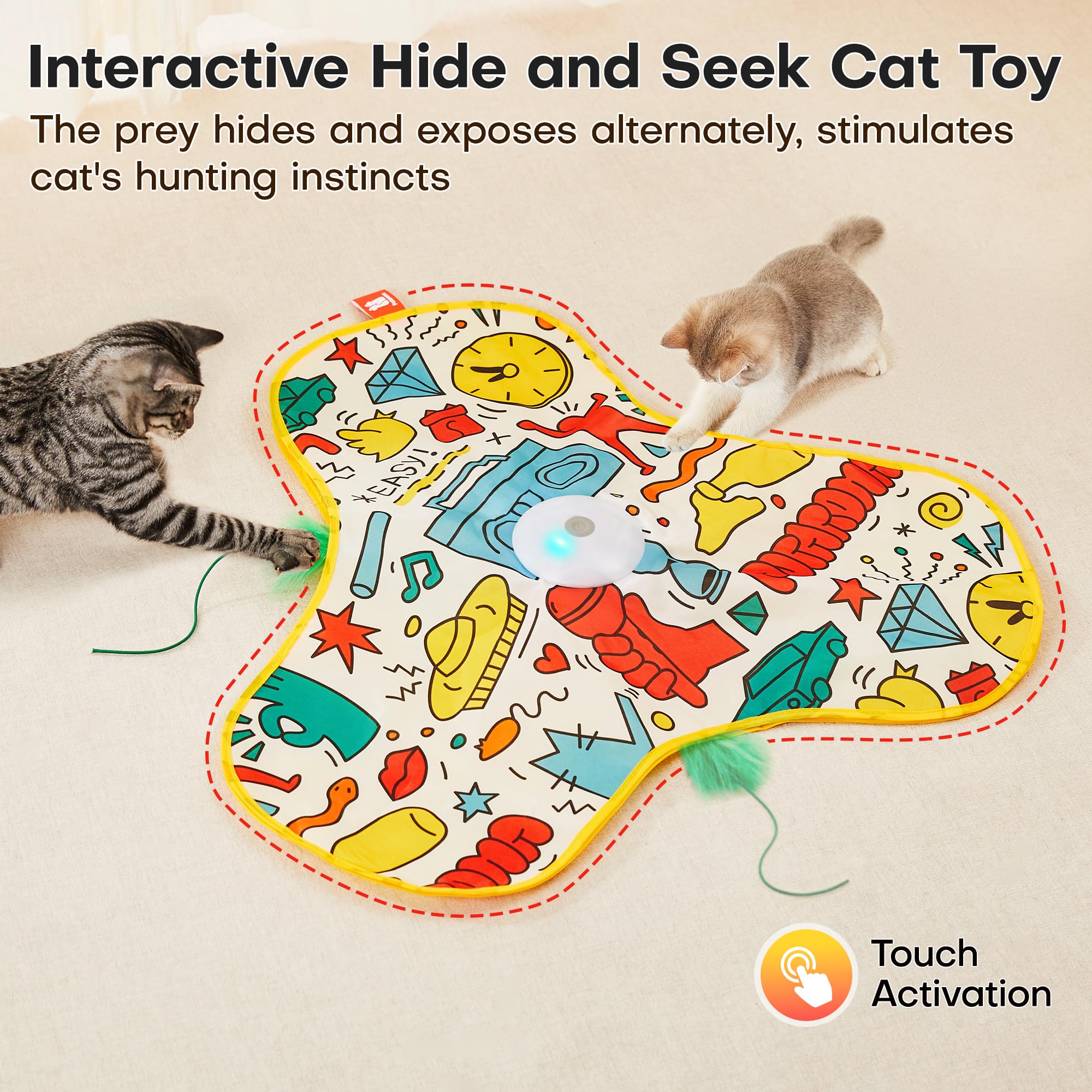 Potaroma Interactive Cat Feather Toys, Hide And Seek Concealed Moving Feather Wand, Rechargeable Touch Activated Indoor Kitten E