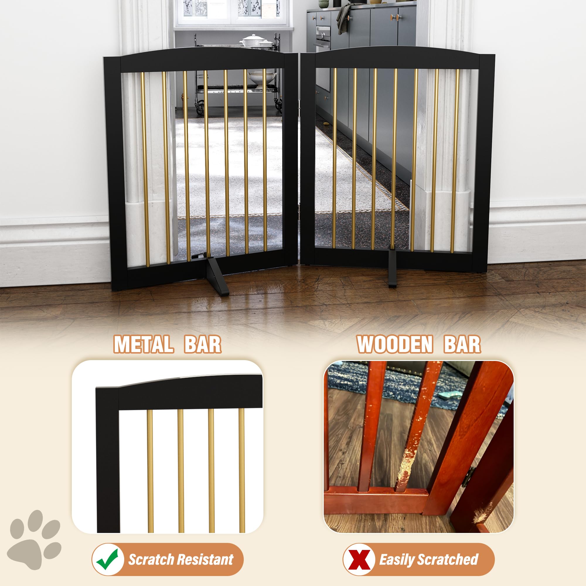 PUPETPO Freestanding Pet Gate for Dogs, Foldable Wooden Dog Gate for House, Stairs, Doorways, Step Over Pet Puppy Safety Fence,S