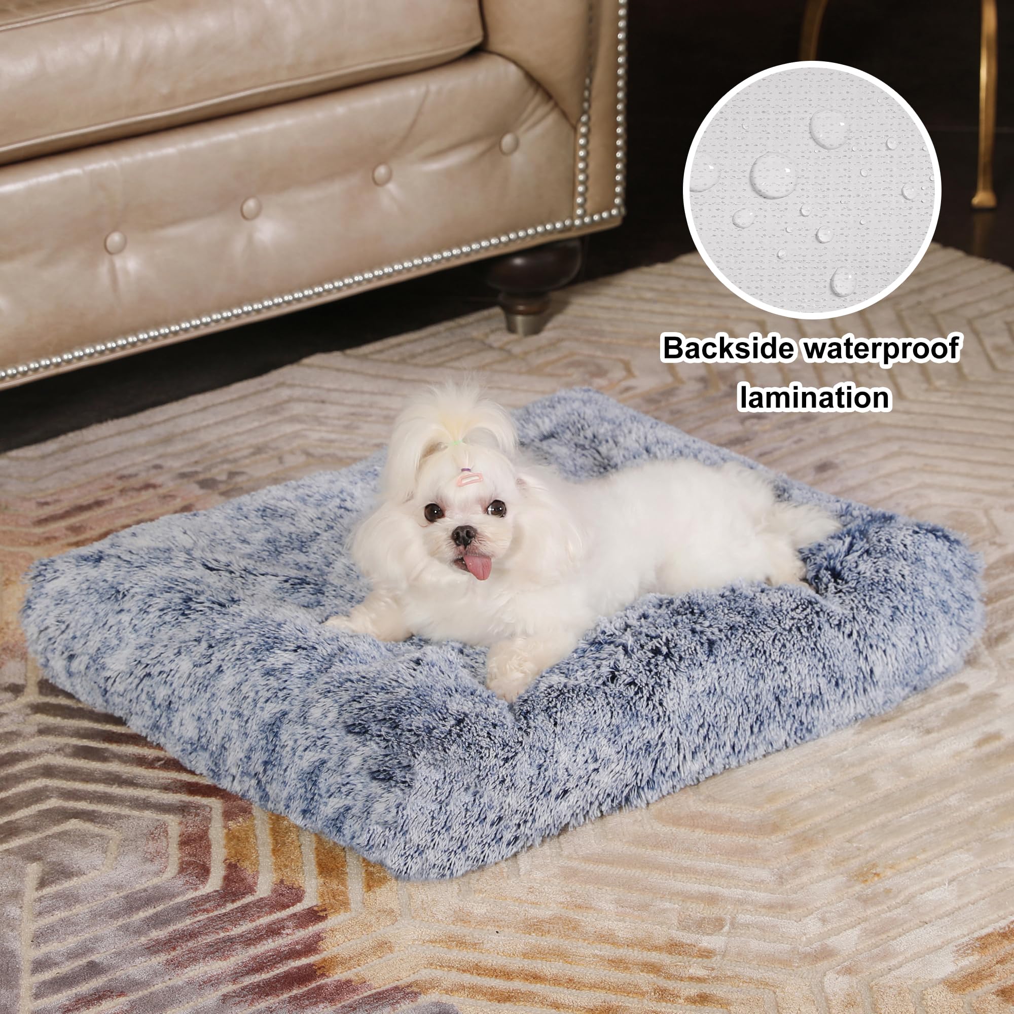 Bedfolks Waterproof Crate Bed, Plush Dog & Cat Bed With Removable Washable Cover, Faux Fur Kennel Pad, 23''X18'', Dark Blue