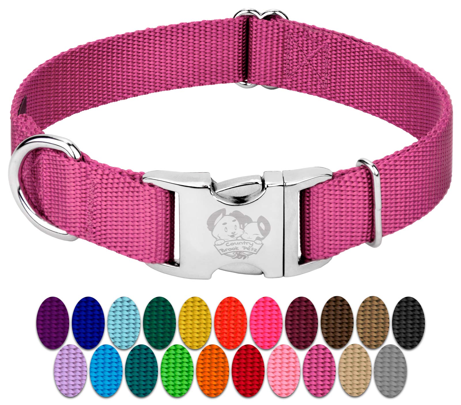 Country Brook Design - Vibrant 30+ Color Selection - Premium Nylon Dog Collar With Metal Buckle (Large, 1 Inch Wide, Rose)