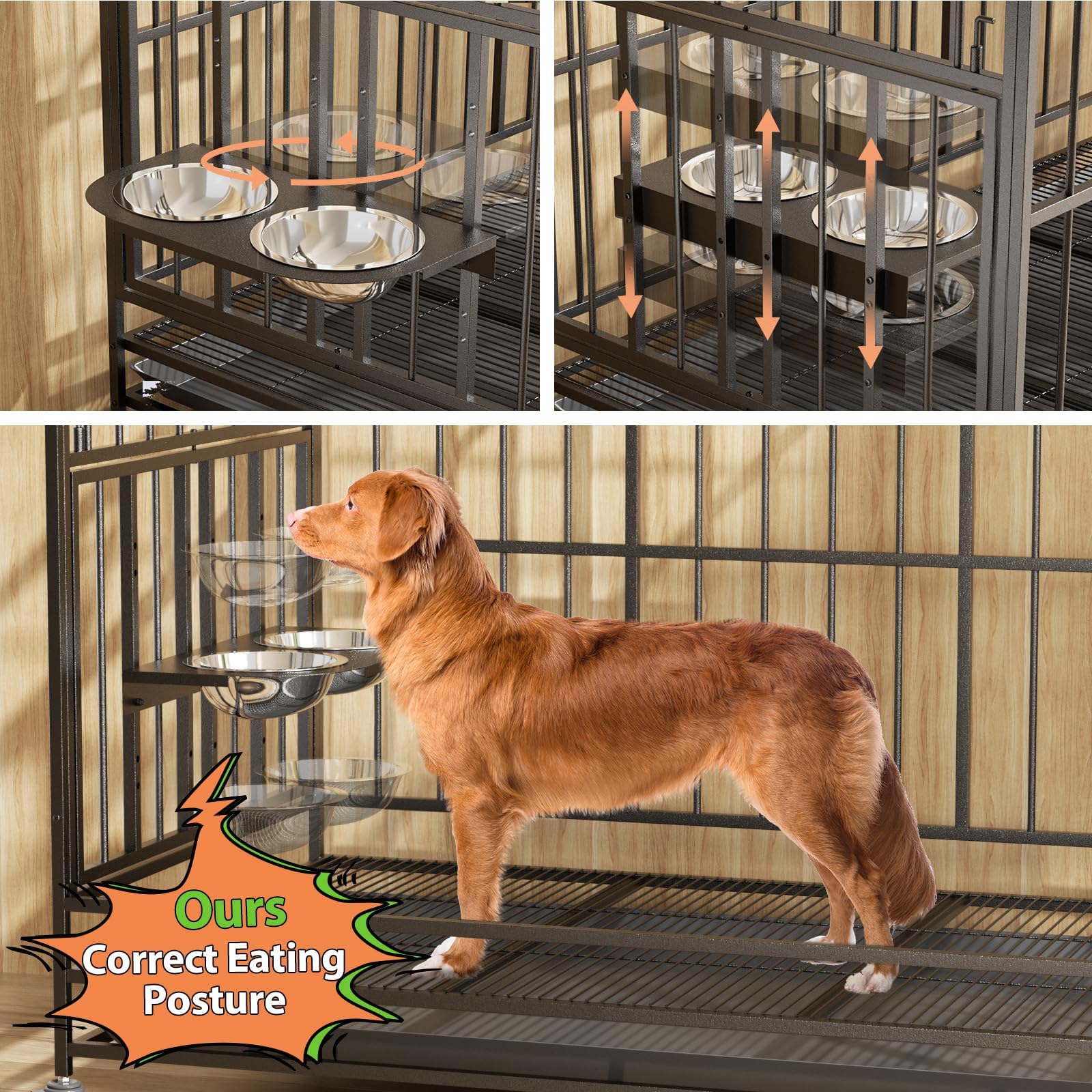 Lovmor 37'' Heavy Duty Dog Crate With Wheels/Unique Air Lift Rod / 360 & Adjustable 2 Bowls, Extra Small Dog Crate