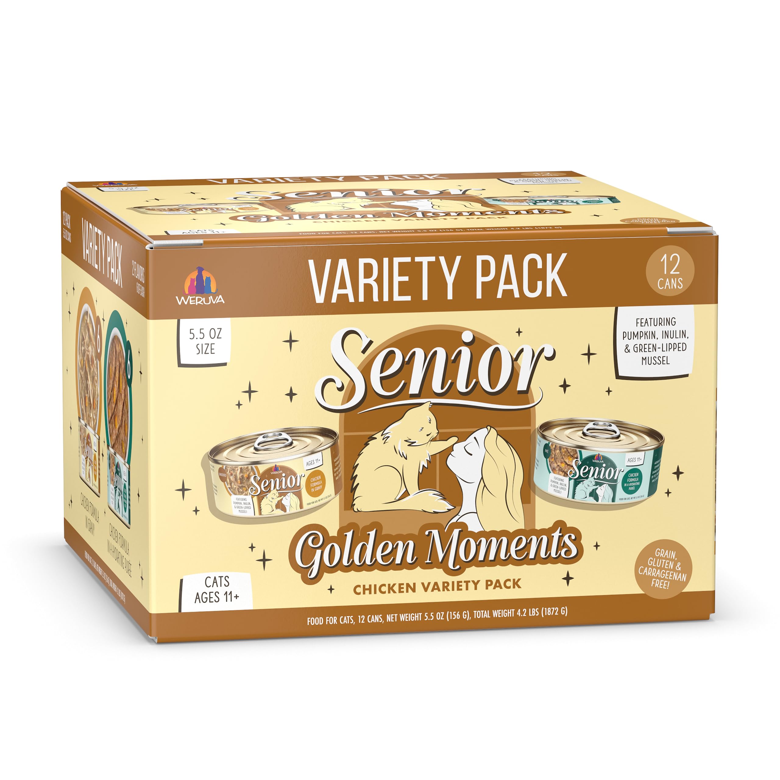 Weruva Senior Cat Food, Golden Moments Variety Pack, 5.5oz Can, Pack of 12