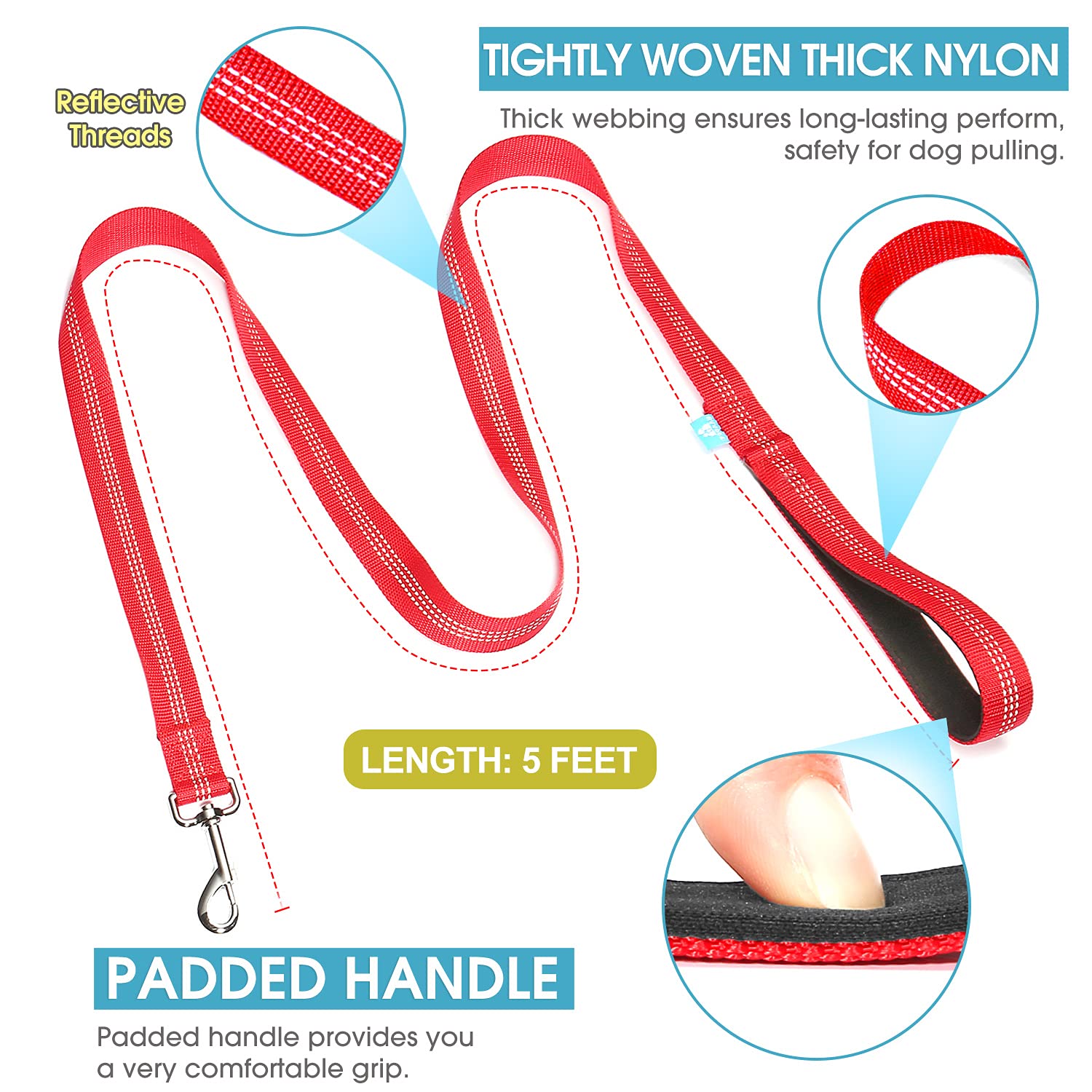 Baapet 5 Feet Nylon Dog Leash With Triple Reflective Threads And Comfortable Padded Handle For Walking, Training Lead Small Puppy, Medium And Large Dogs (3/4'' X 5 Ft, Red)
