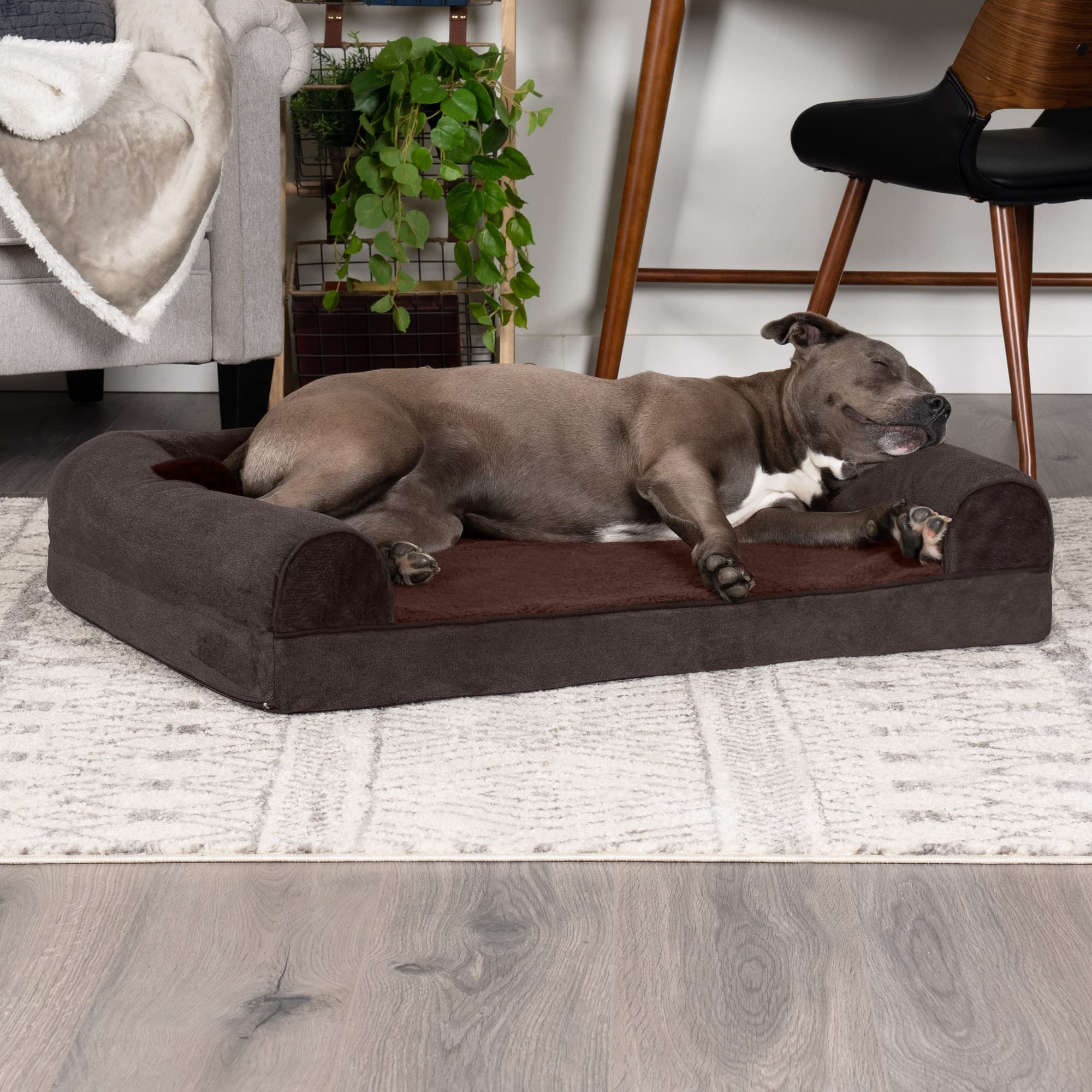 Furhaven Large Orthopedic Dog Bed Sherpa & Chenille Sofa-Style W/ Removable Washable Cover - Coffee, Large