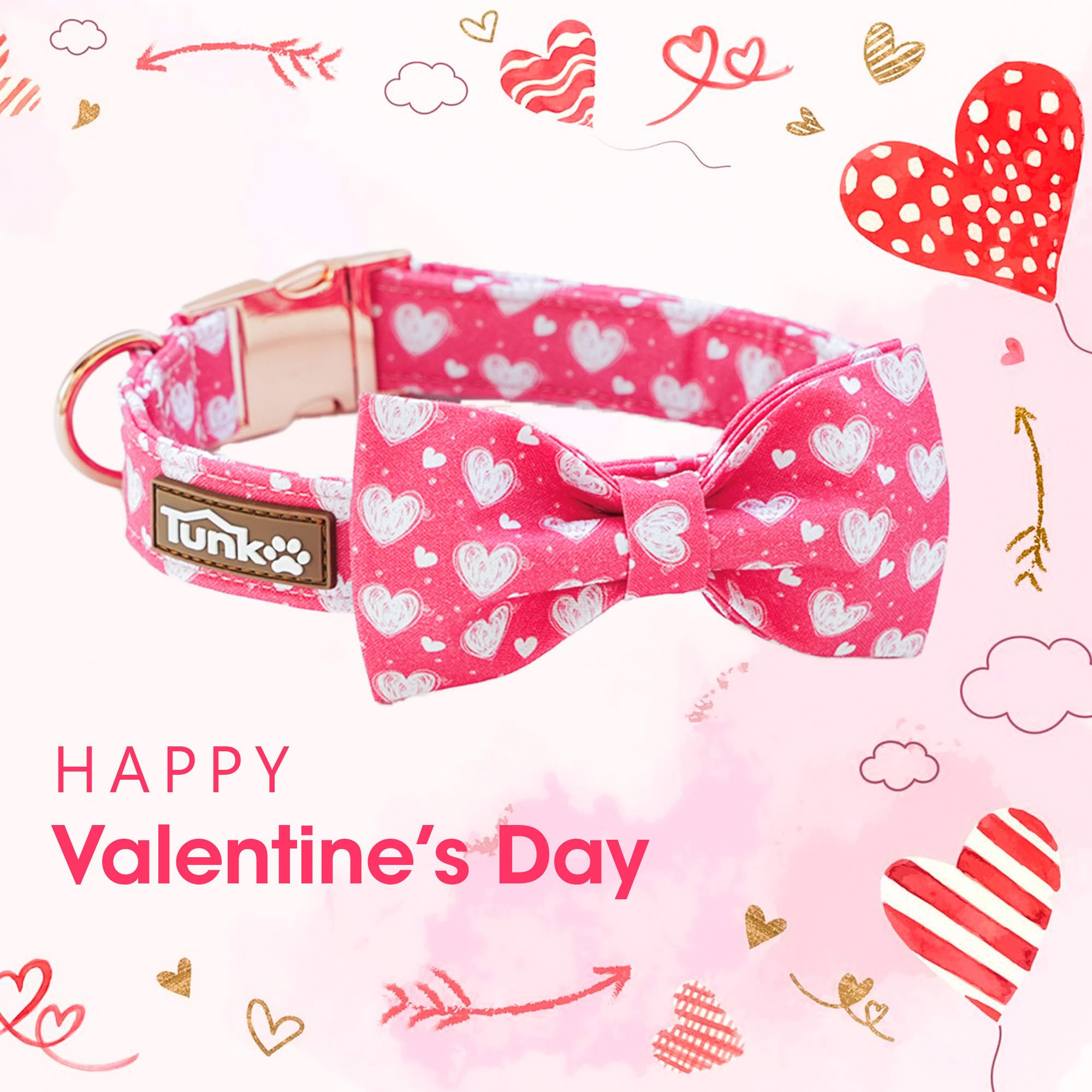 Tunkoo Valentine'S Day Pink Dog Collar With Cute Bow Tie Heart Print Design, Premium Metal Buckle Adjustable For Small Medium La