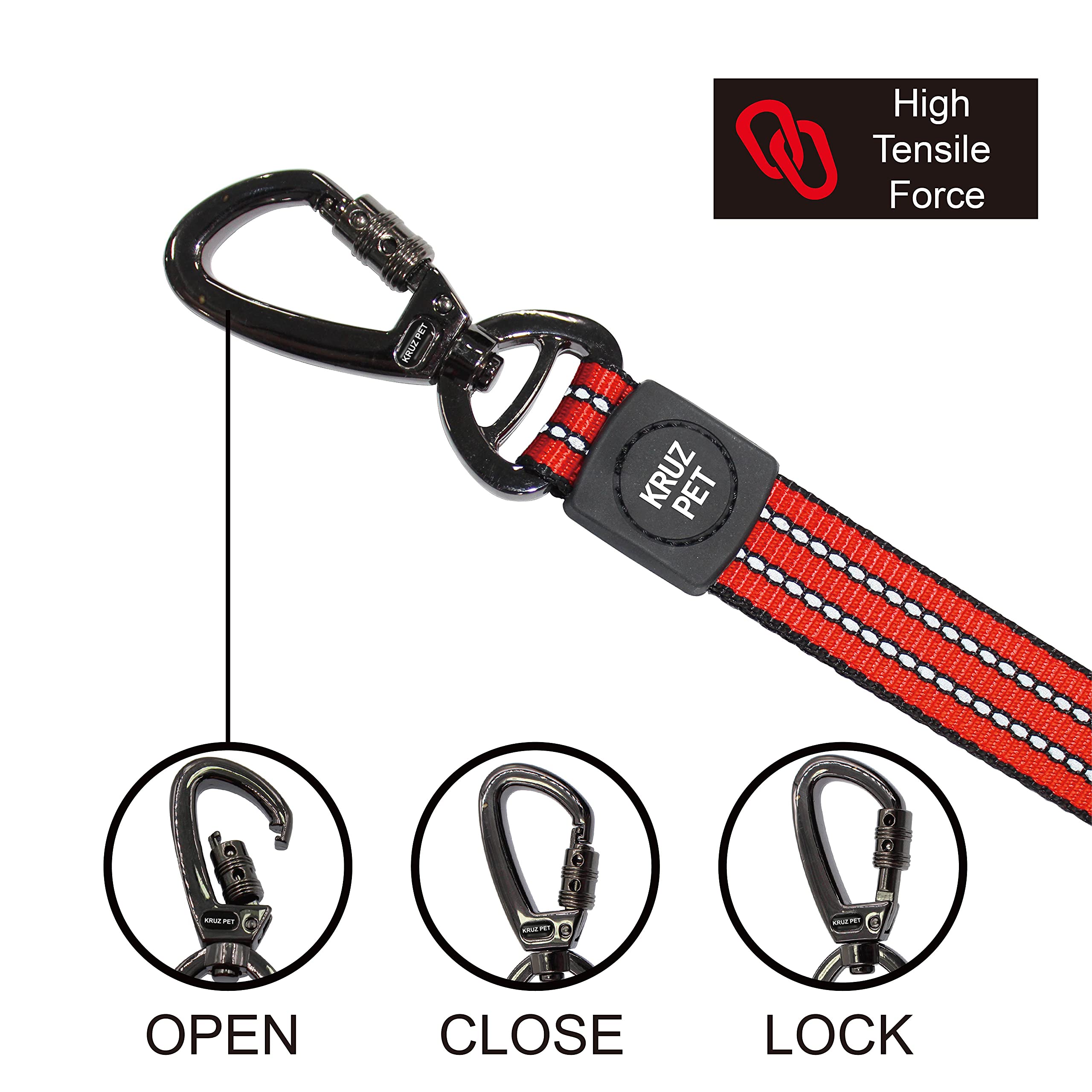 Kruz Pet Kzv5048-15S 4'' Long Reflective Heavy Duty Click Lock Hook Leash Strong, Secure Nylon Safety Lead With Locking Carabine