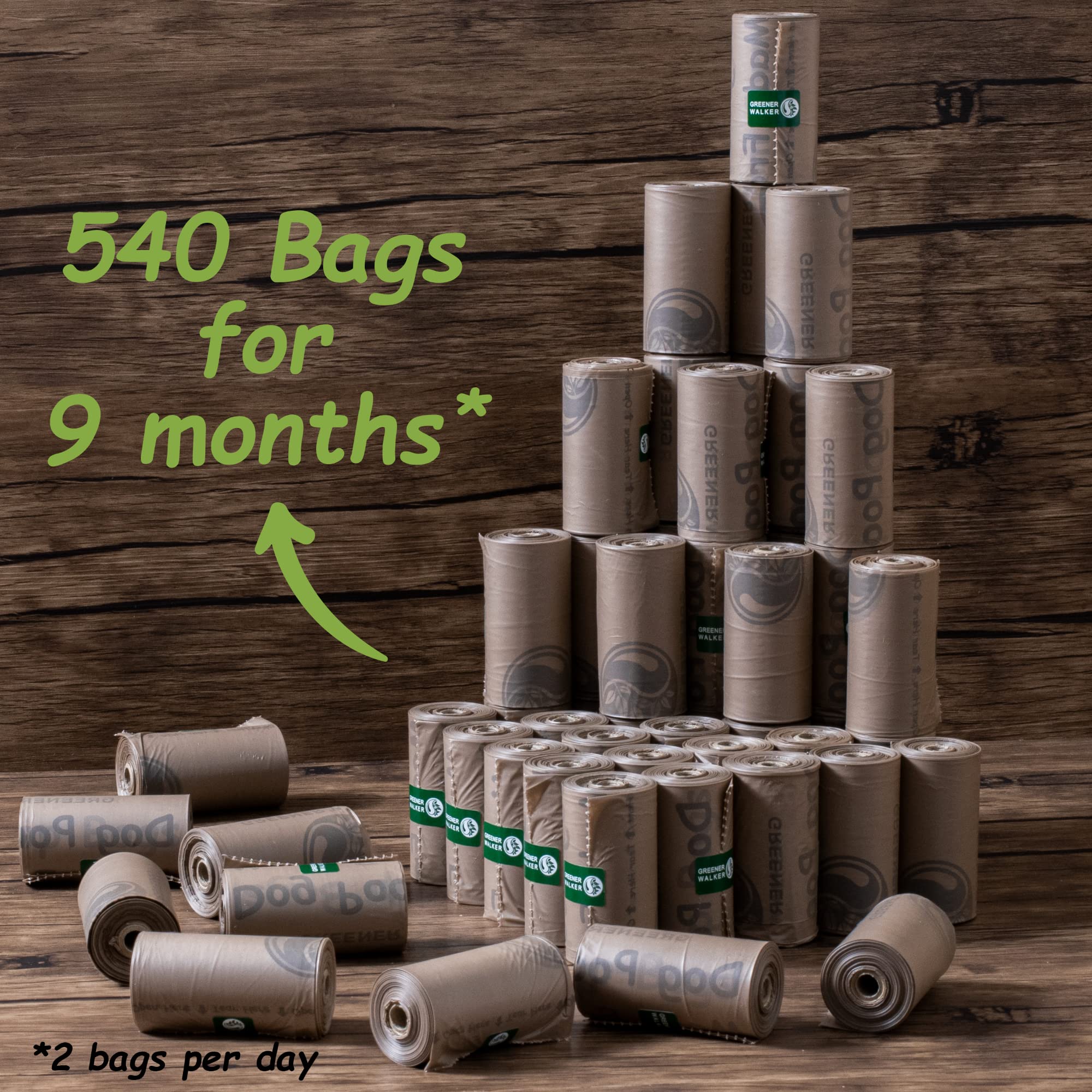GREENER WALKER Dog Waste Bags, Extra Thick, 540 Count, Leak Proof, Brown, Model GW-BIO540Br, Made from PE & Corn Starch