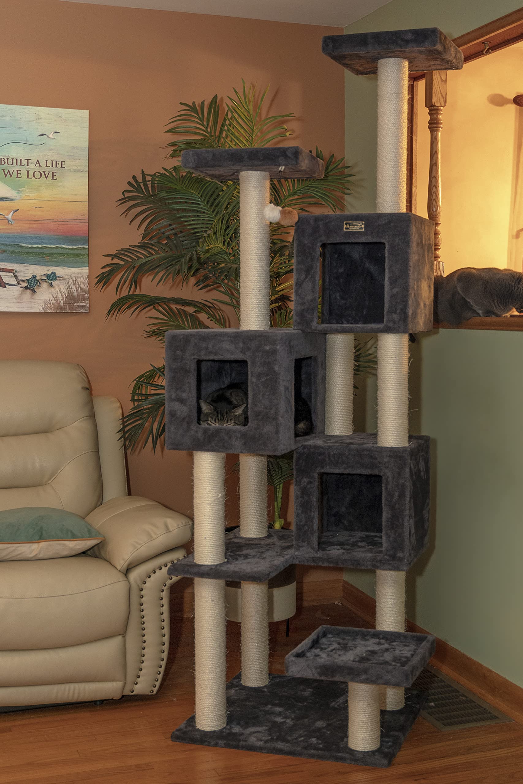 Armarkat Real Wood Cat Tower A8104 - 26"L x 24"W x 80"H, Dark Gray, Multi-Level with Condos for Multiple Cats