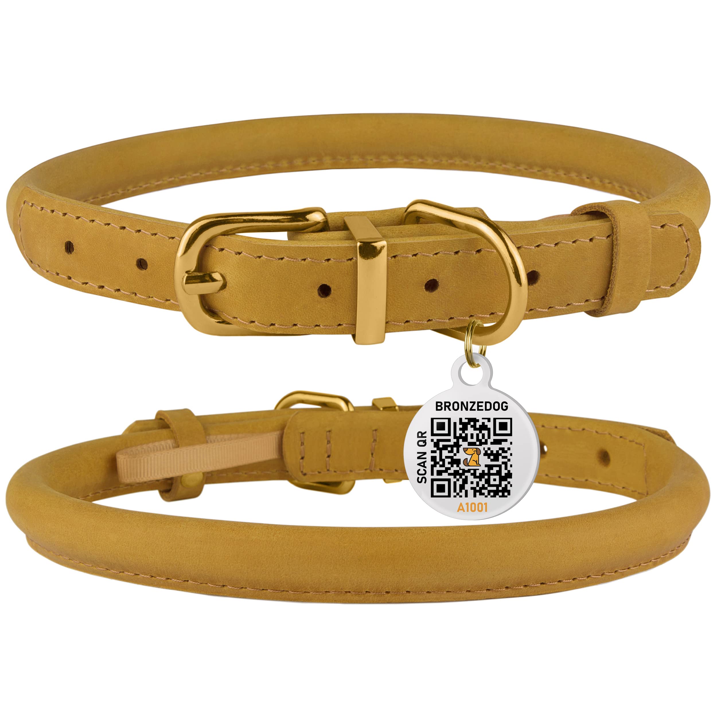 BRONZEDOG Rolled Leather Dog Collar with QR ID Tag Adjustable Soft Round Collars for Small Medium Large Dogs Puppy Cat (9 - 11 N